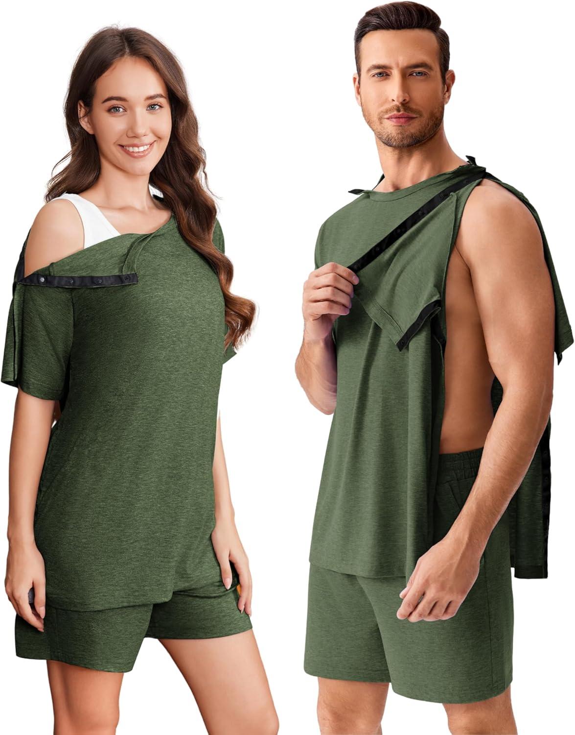 imageDeyeek 2Pcs Unisex Post Shoulder Surgery Shirts amp Shorts Tear Away Shirts for Rotator Cuff Surgery Chemo Port Access ClothesArmy Green