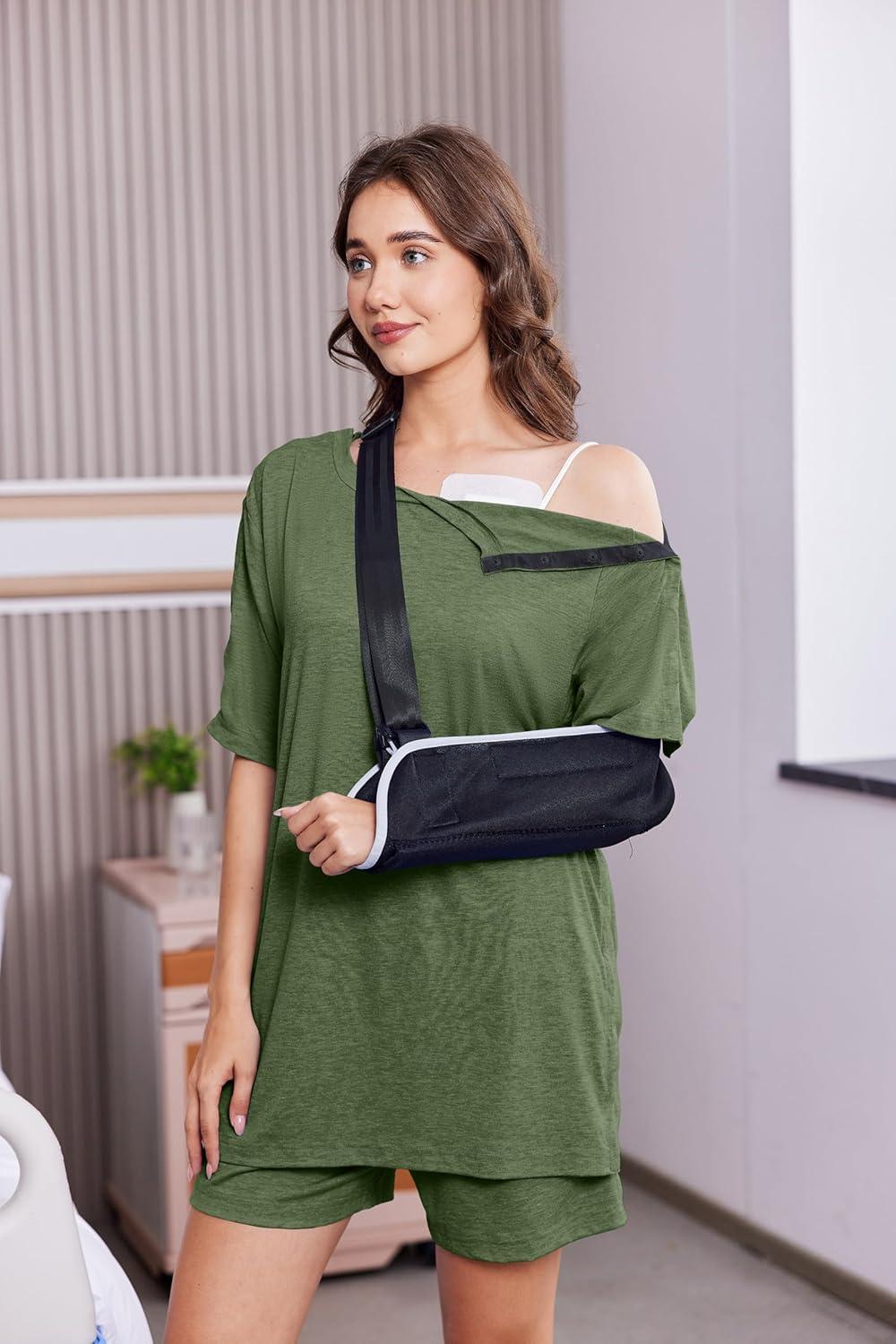 imageDeyeek 2Pcs Unisex Post Shoulder Surgery Shirts amp Shorts Tear Away Shirts for Rotator Cuff Surgery Chemo Port Access ClothesArmy Green