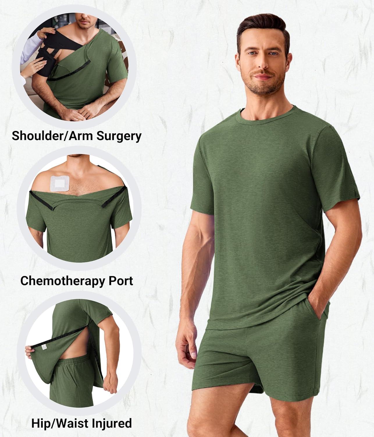 imageDeyeek 2Pcs Unisex Post Shoulder Surgery Shirts amp Shorts Tear Away Shirts for Rotator Cuff Surgery Chemo Port Access ClothesArmy Green