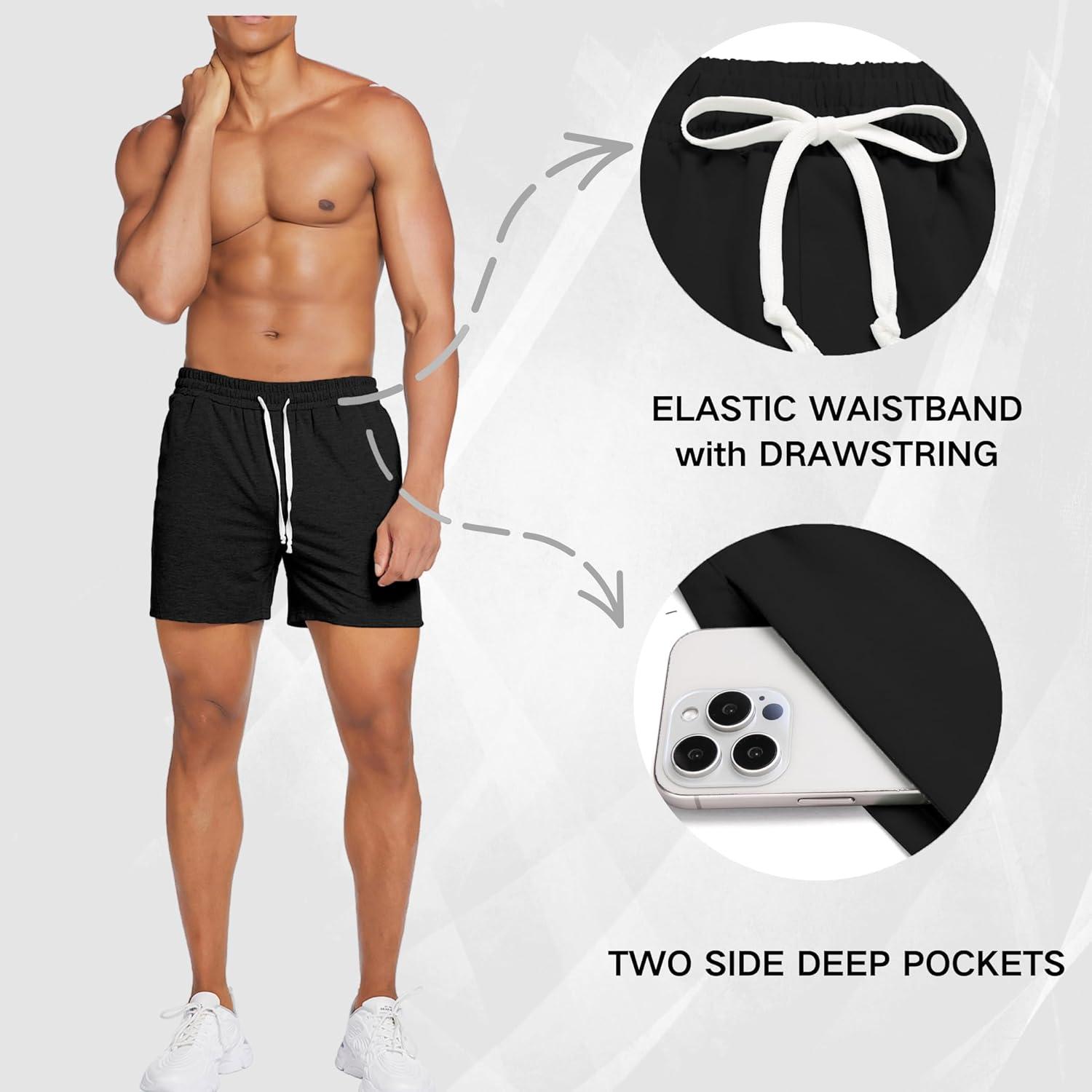 imageDeyeek 55 Inch Mens Pajama Shorts Sleep Cotton Lounge PJ Lightweight Elastic Waist Drawstring Nightwear Bottom with PocketsBlack