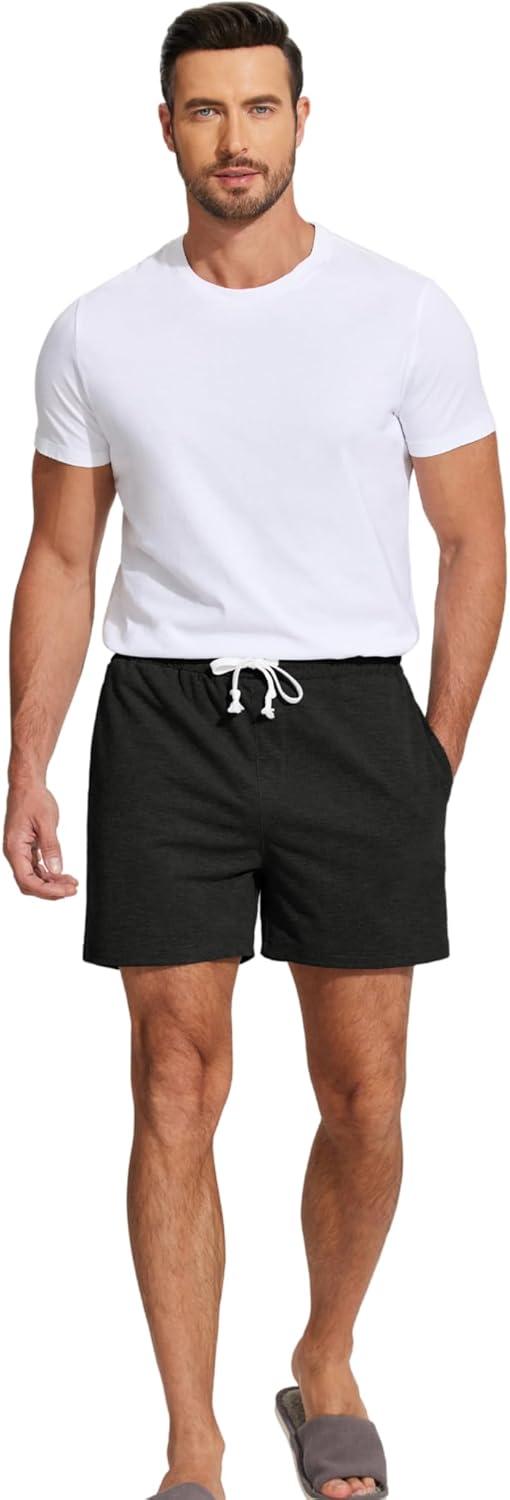 imageDeyeek 55 Inch Mens Pajama Shorts Sleep Cotton Lounge PJ Lightweight Elastic Waist Drawstring Nightwear Bottom with PocketsBlack
