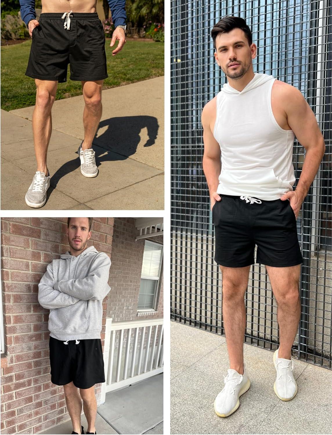 imageDeyeek 55 Inch Mens Pajama Shorts Sleep Cotton Lounge PJ Lightweight Elastic Waist Drawstring Nightwear Bottom with PocketsBlack