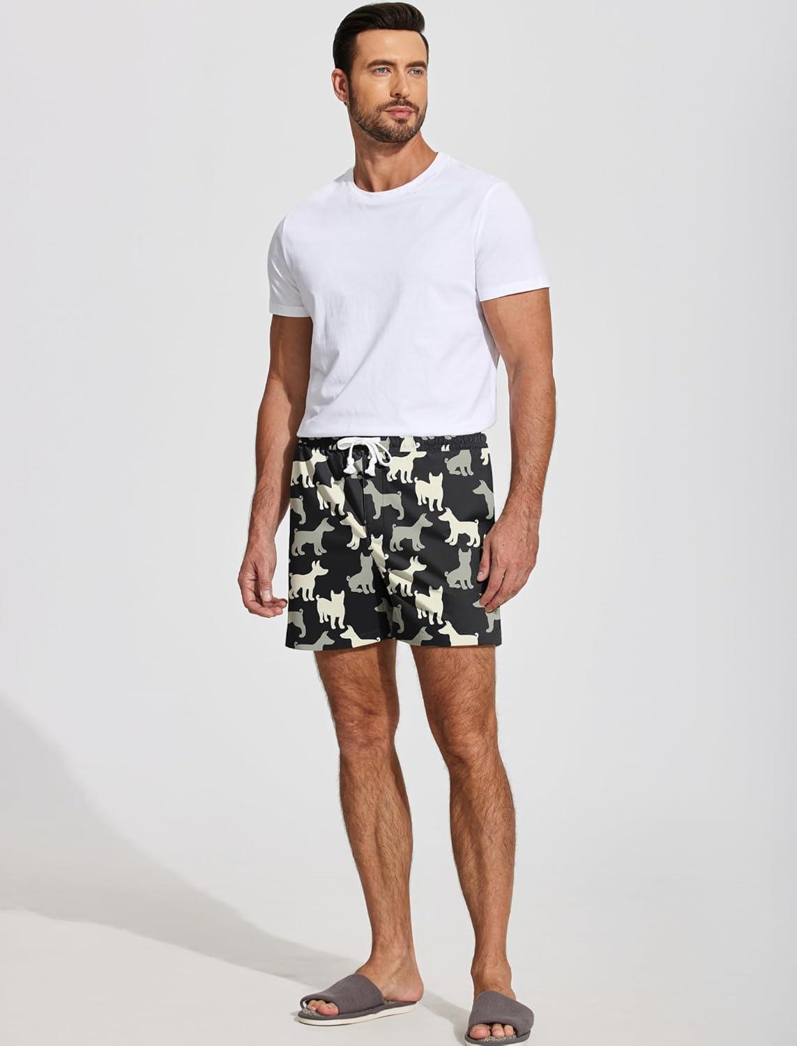 imageDeyeek 55 Inch Mens Pajama Shorts Sleep Cotton Lounge PJ Lightweight Elastic Waist Drawstring Nightwear Bottom with PocketsCat