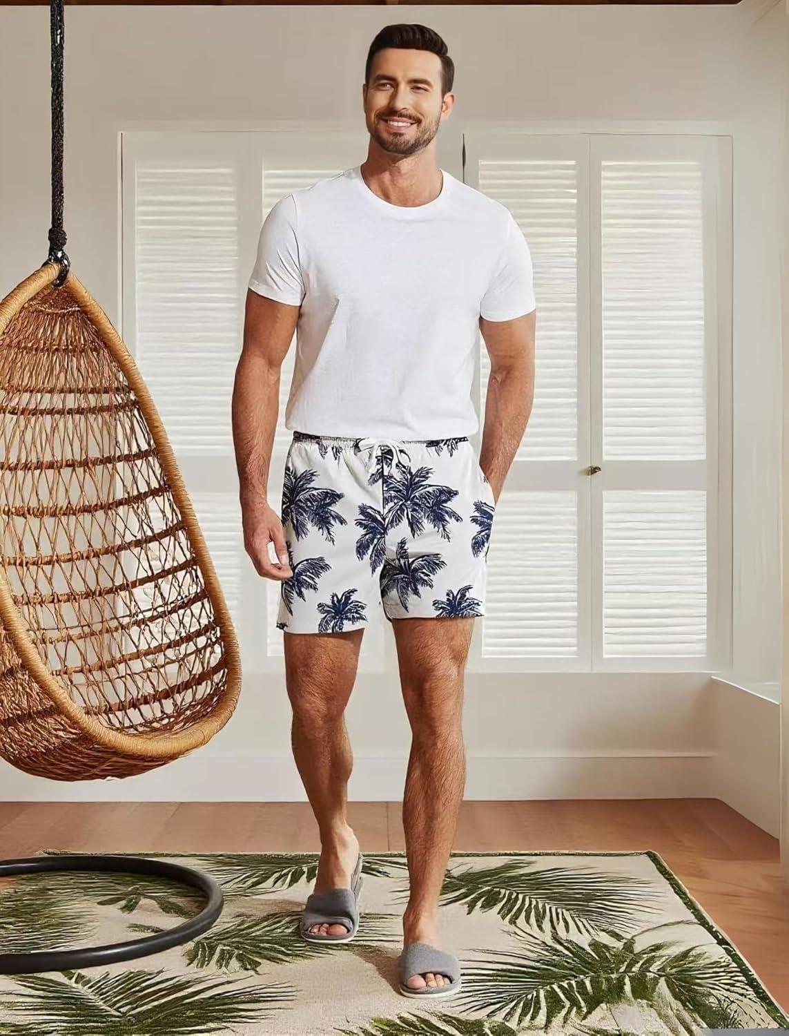imageDeyeek 55 Inch Mens Pajama Shorts Sleep Cotton Lounge PJ Lightweight Elastic Waist Drawstring Nightwear Bottom with PocketsCoconut