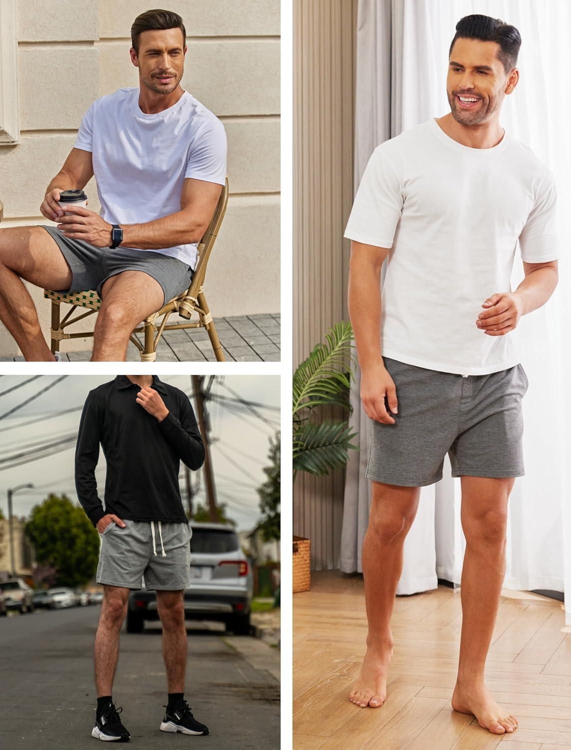 imageDeyeek 55 Inch Mens Pajama Shorts Sleep Cotton Lounge PJ Lightweight Elastic Waist Drawstring Nightwear Bottom with PocketsDark Grey