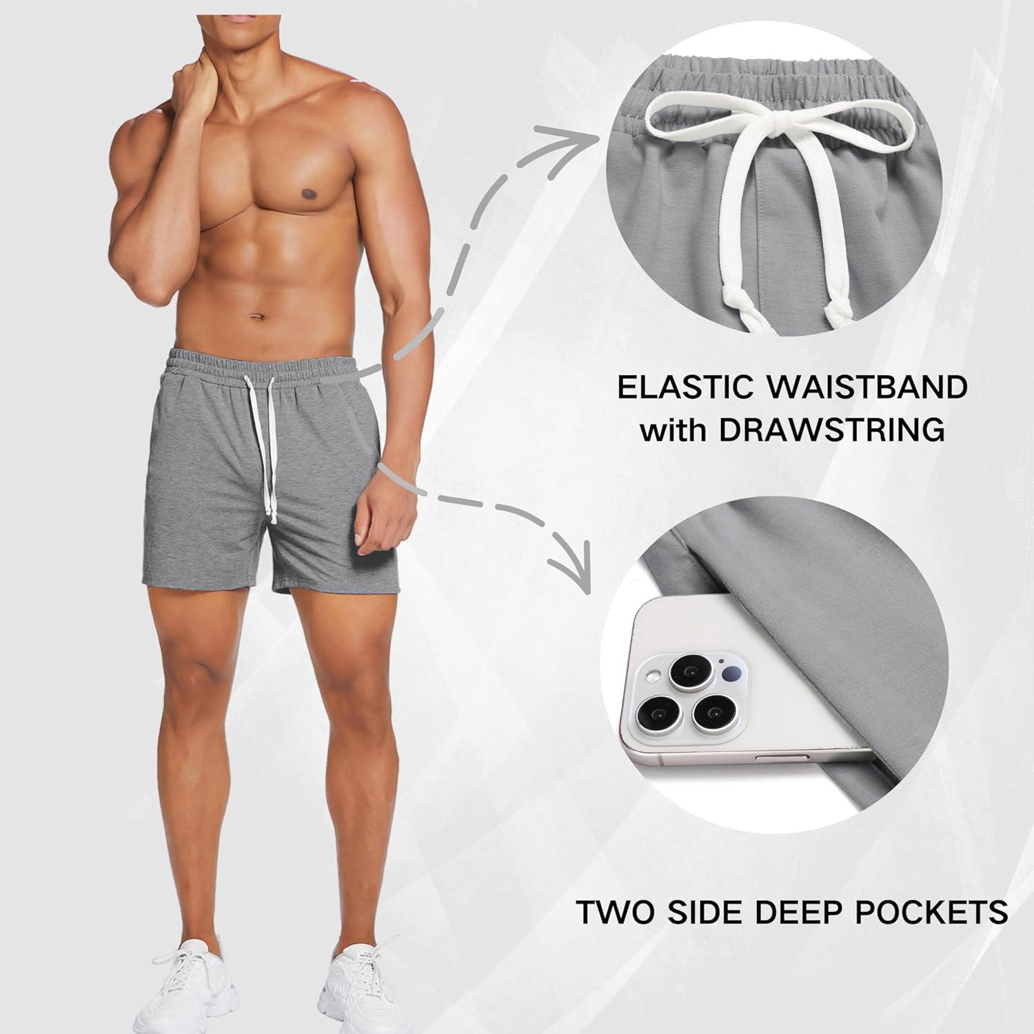 imageDeyeek 55 Inch Mens Pajama Shorts Sleep Cotton Lounge PJ Lightweight Elastic Waist Drawstring Nightwear Bottom with PocketsGrey