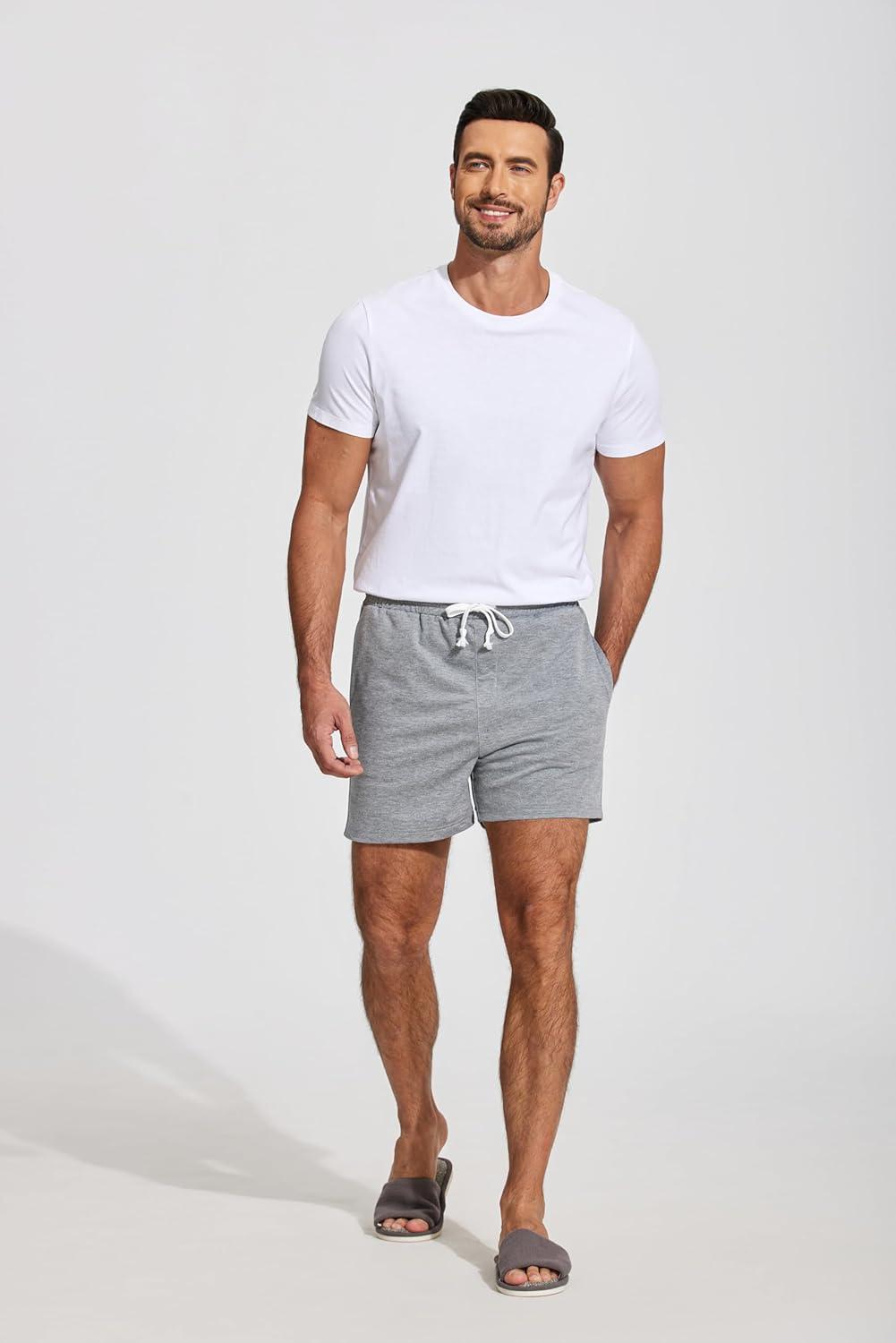 imageDeyeek 55 Inch Mens Pajama Shorts Sleep Cotton Lounge PJ Lightweight Elastic Waist Drawstring Nightwear Bottom with PocketsGrey