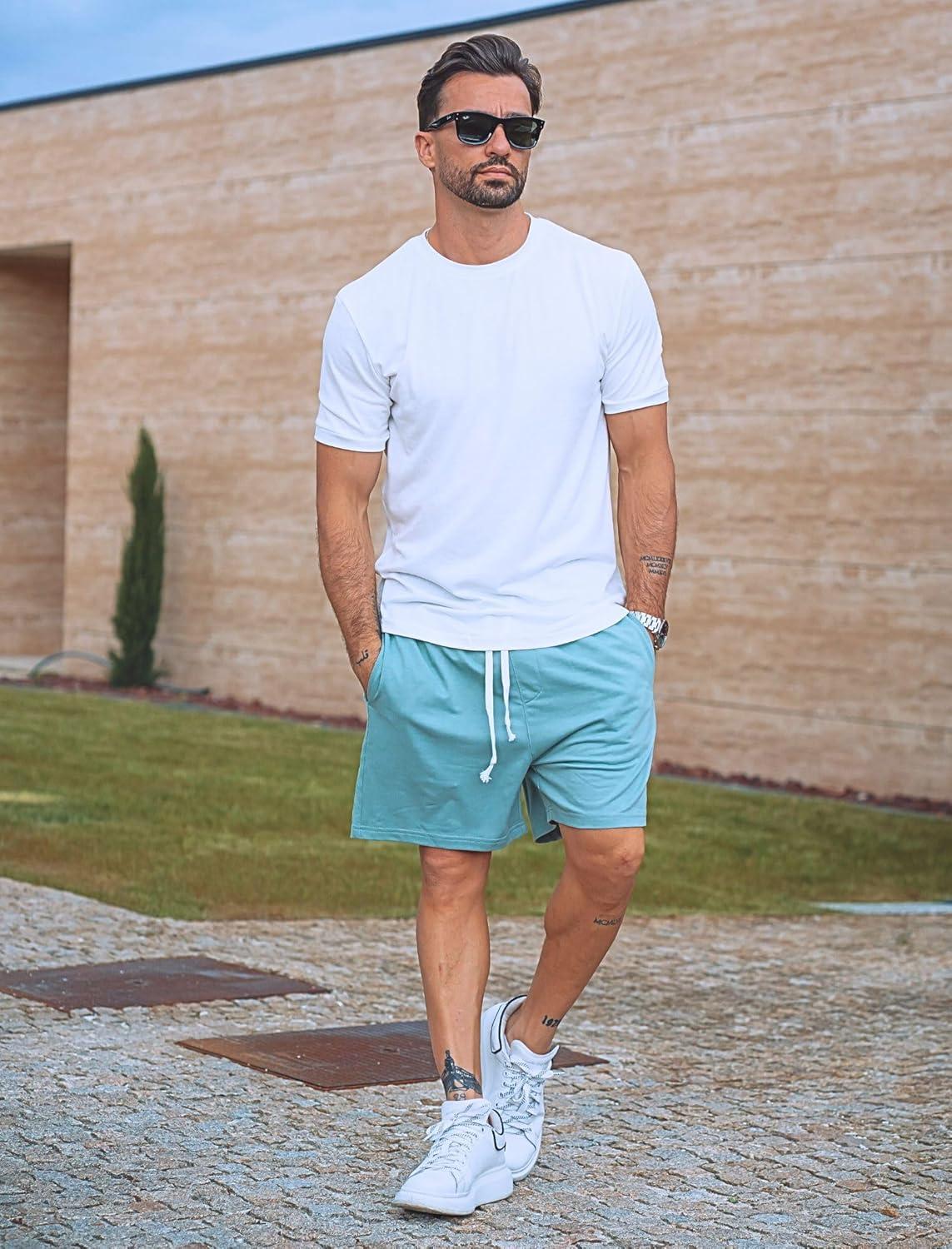imageDeyeek 55 Inch Mens Pajama Shorts Sleep Cotton Lounge PJ Lightweight Elastic Waist Drawstring Nightwear Bottom with PocketsLight Blue