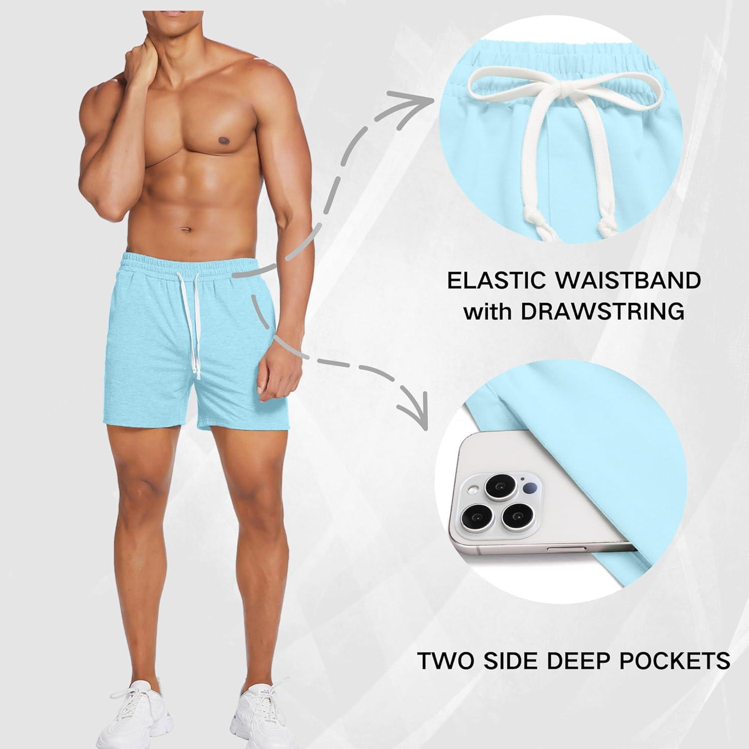 imageDeyeek 55 Inch Mens Pajama Shorts Sleep Cotton Lounge PJ Lightweight Elastic Waist Drawstring Nightwear Bottom with PocketsLight Blue