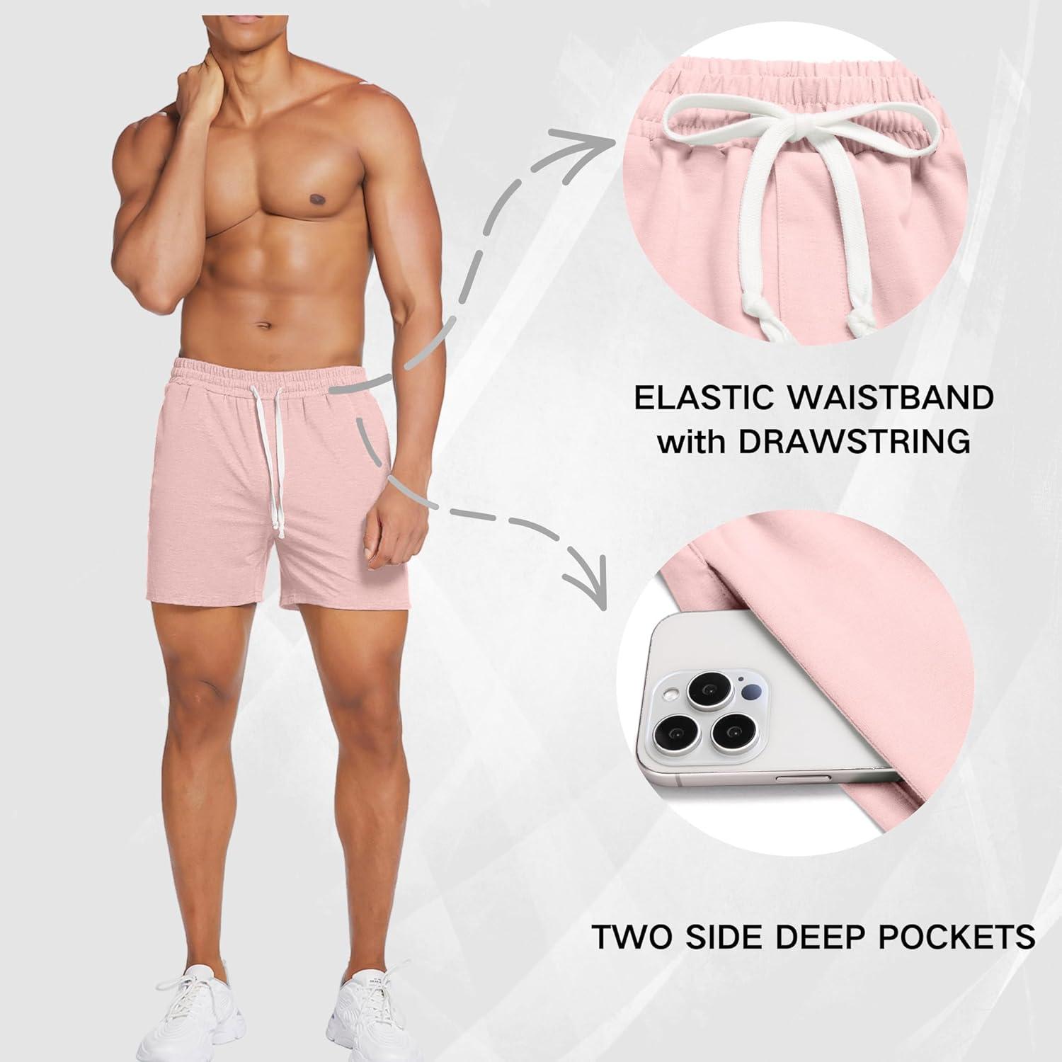 imageDeyeek 55 Inch Mens Pajama Shorts Sleep Cotton Lounge PJ Lightweight Elastic Waist Drawstring Nightwear Bottom with PocketsLight Pink