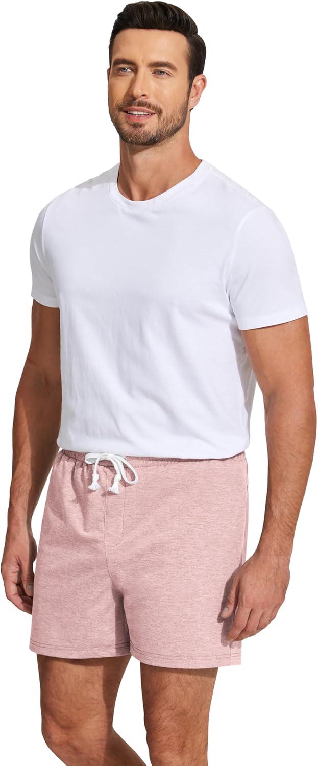 imageDeyeek 55 Inch Mens Pajama Shorts Sleep Cotton Lounge PJ Lightweight Elastic Waist Drawstring Nightwear Bottom with PocketsLight Pink