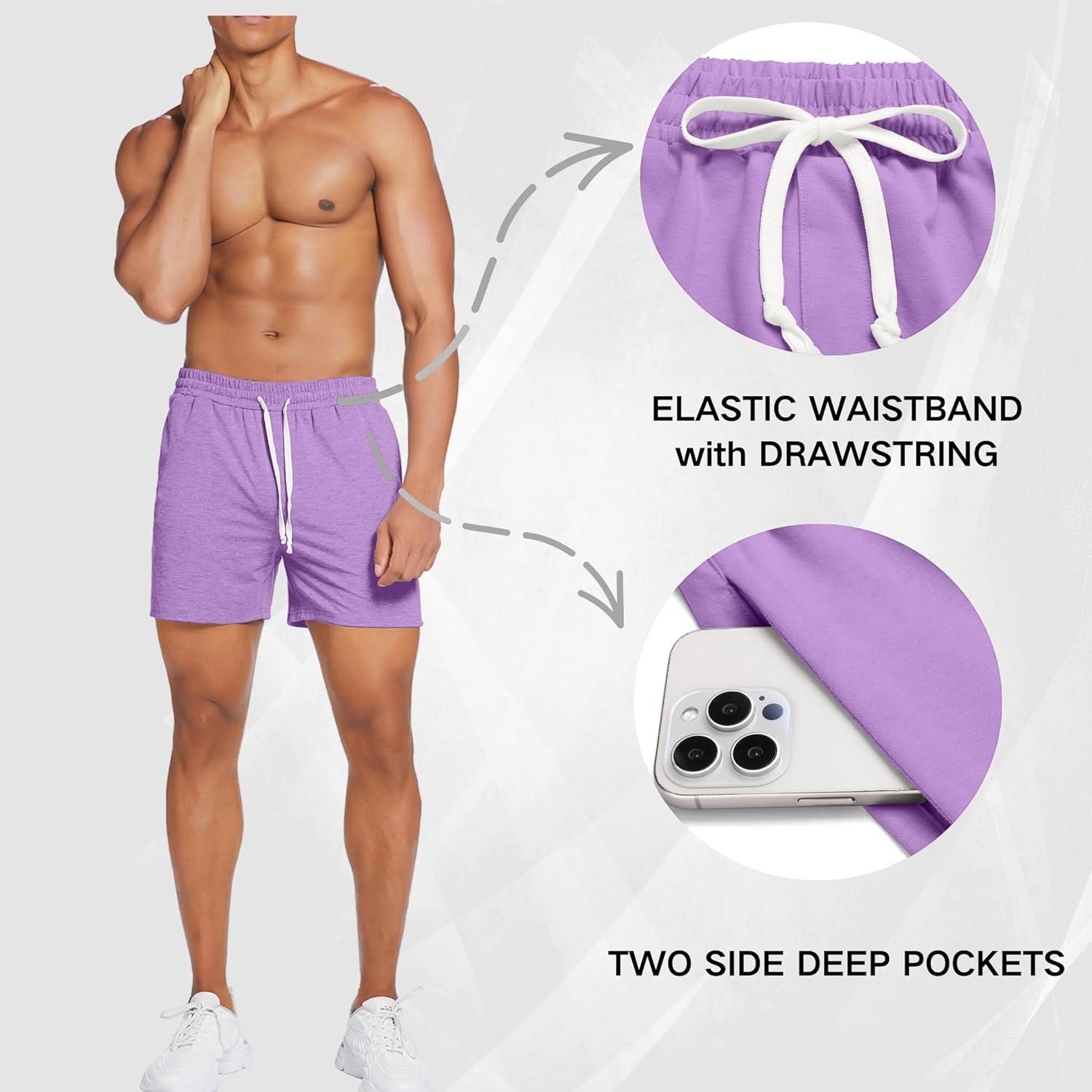 imageDeyeek 55 Inch Mens Pajama Shorts Sleep Cotton Lounge PJ Lightweight Elastic Waist Drawstring Nightwear Bottom with PocketsLilac