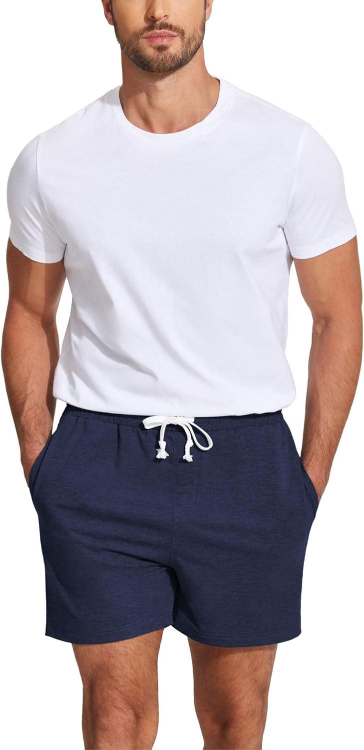 imageDeyeek 55 Inch Mens Pajama Shorts Sleep Cotton Lounge PJ Lightweight Elastic Waist Drawstring Nightwear Bottom with PocketsNave Blue