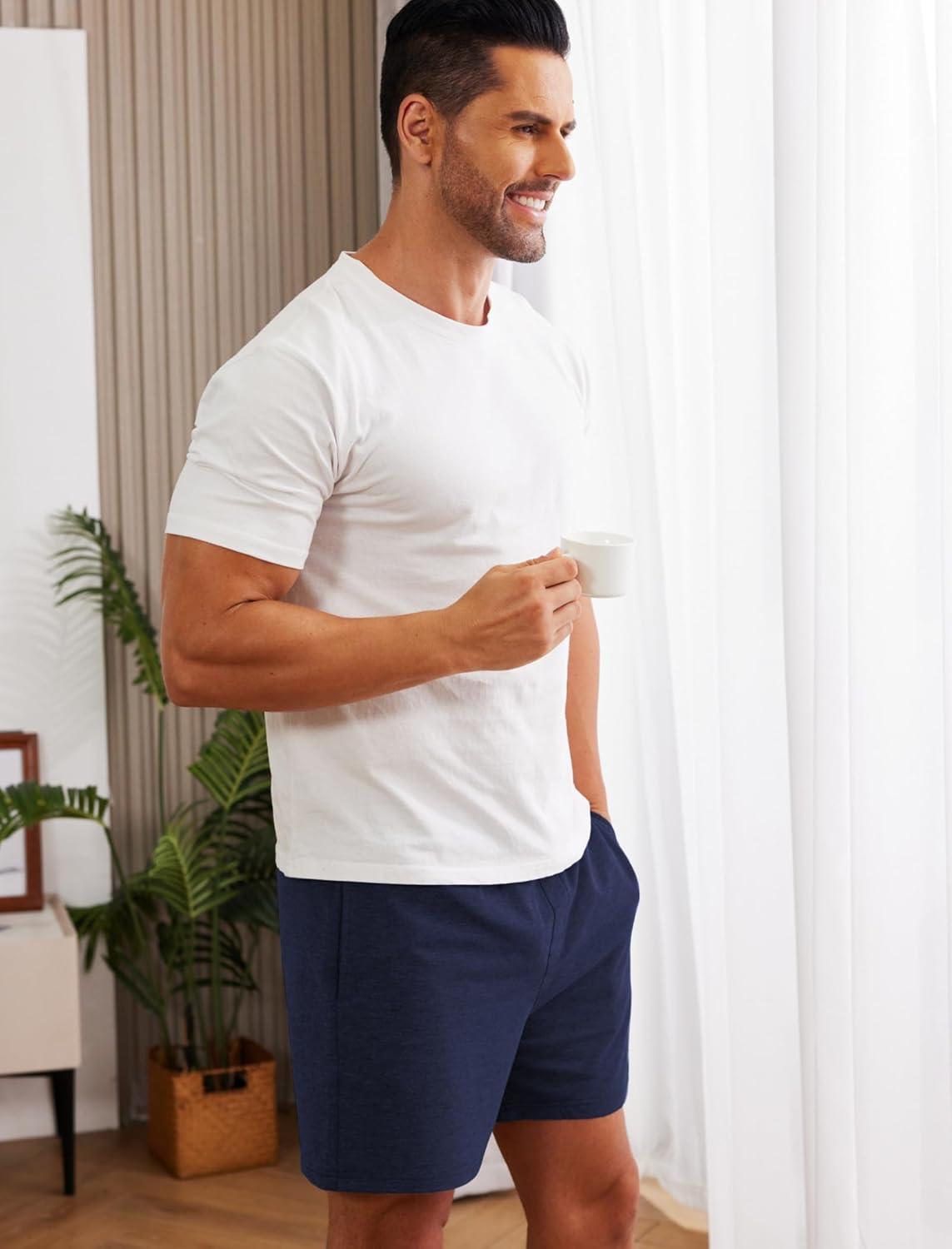 imageDeyeek 55 Inch Mens Pajama Shorts Sleep Cotton Lounge PJ Lightweight Elastic Waist Drawstring Nightwear Bottom with PocketsNave Blue