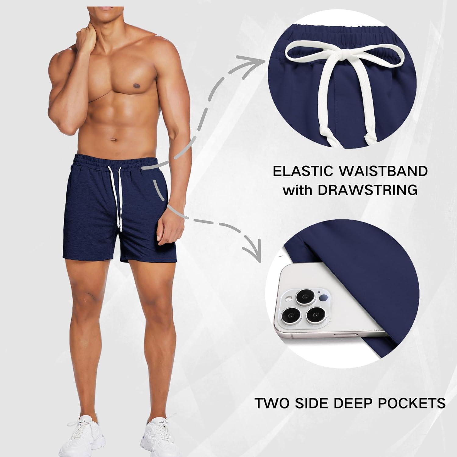imageDeyeek 55 Inch Mens Pajama Shorts Sleep Cotton Lounge PJ Lightweight Elastic Waist Drawstring Nightwear Bottom with PocketsNave Blue