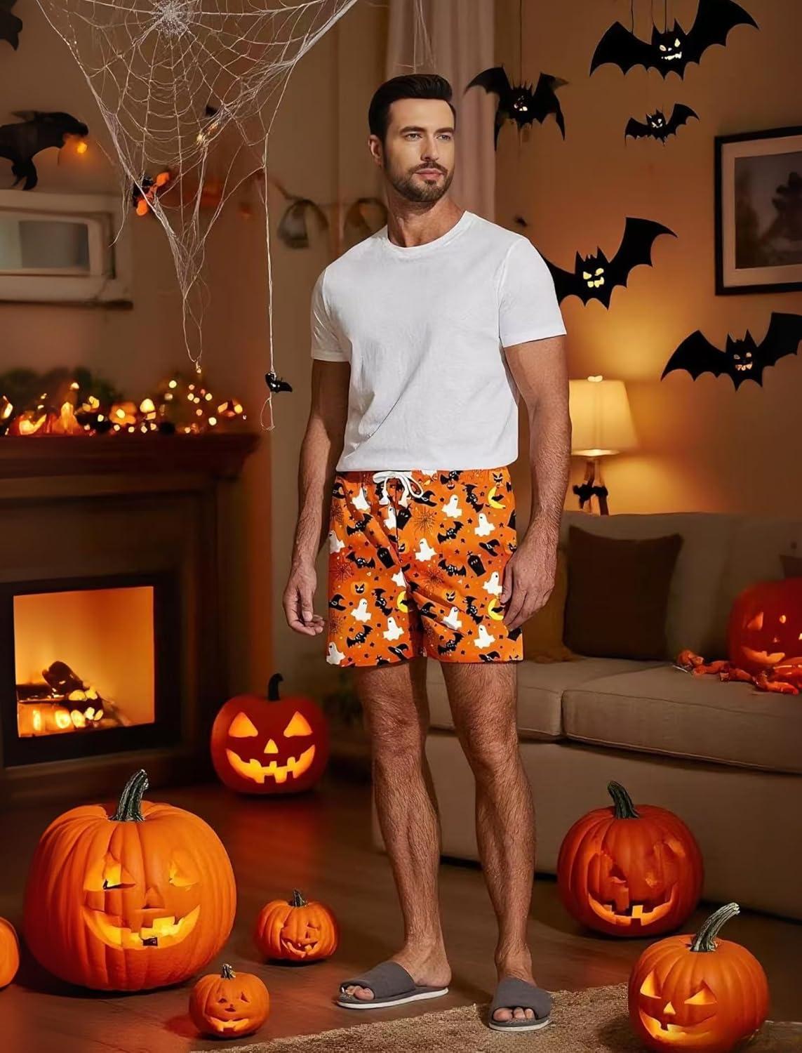 imageDeyeek 55 Inch Mens Pajama Shorts Sleep Cotton Lounge PJ Lightweight Elastic Waist Drawstring Nightwear Bottom with PocketsOrange