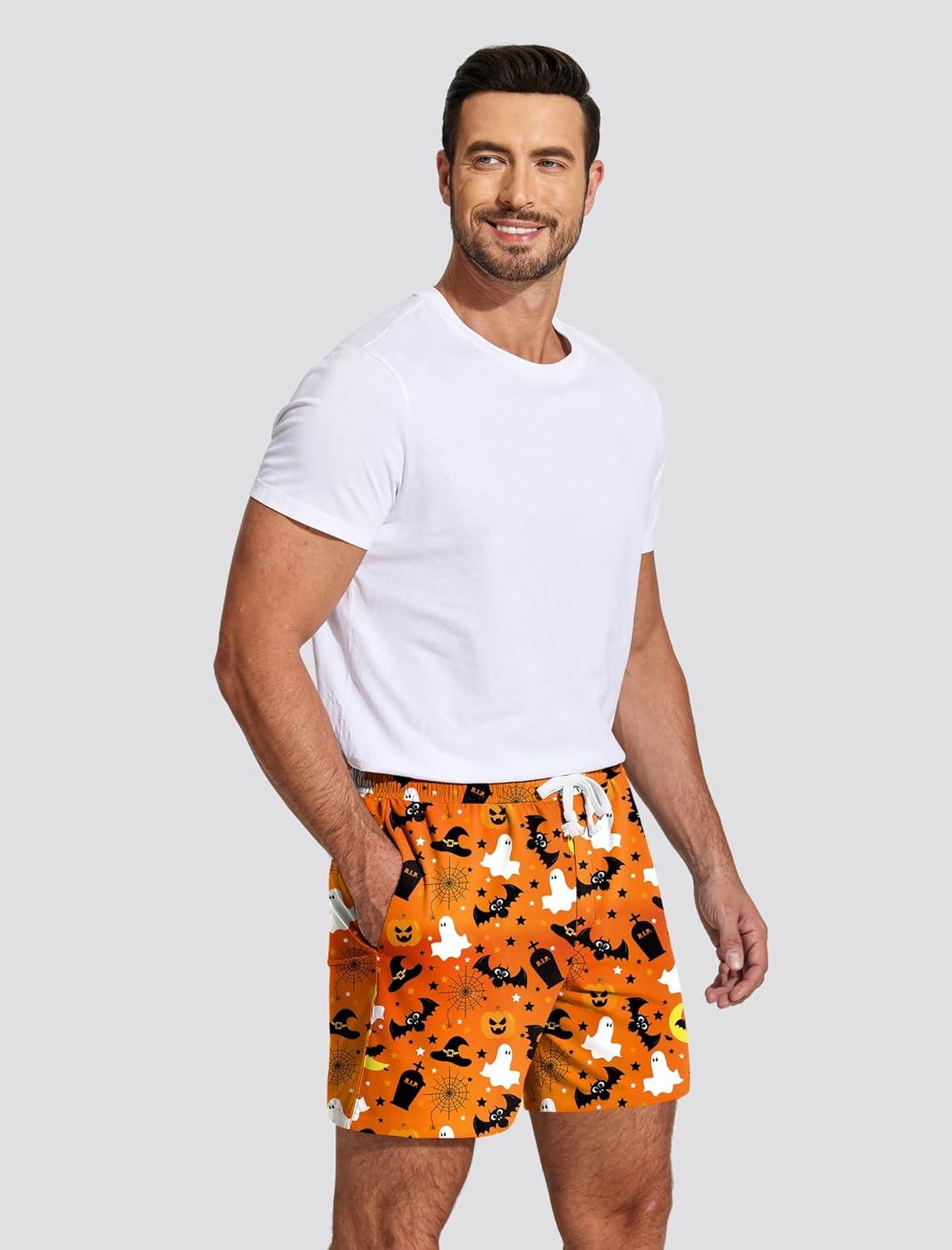 imageDeyeek 55 Inch Mens Pajama Shorts Sleep Cotton Lounge PJ Lightweight Elastic Waist Drawstring Nightwear Bottom with PocketsOrange