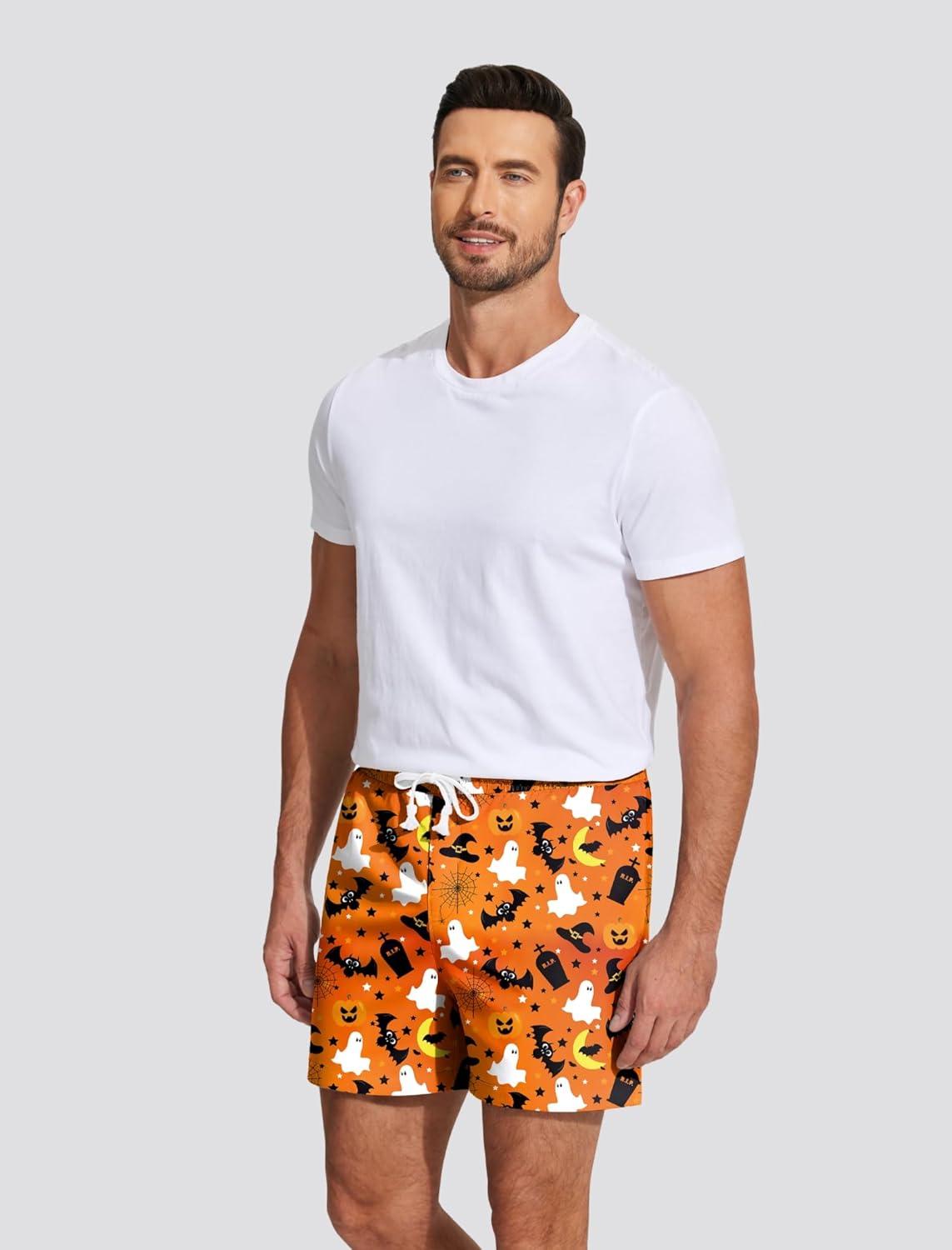 imageDeyeek 55 Inch Mens Pajama Shorts Sleep Cotton Lounge PJ Lightweight Elastic Waist Drawstring Nightwear Bottom with PocketsOrange