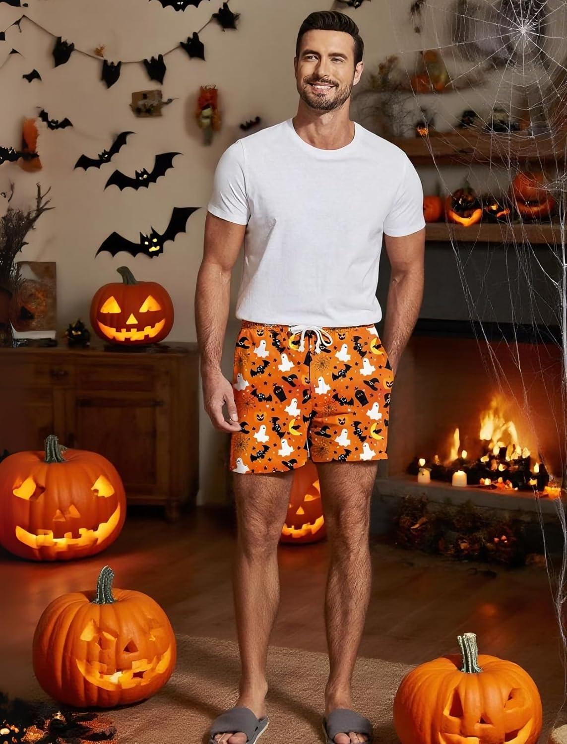 imageDeyeek 55 Inch Mens Pajama Shorts Sleep Cotton Lounge PJ Lightweight Elastic Waist Drawstring Nightwear Bottom with PocketsOrange