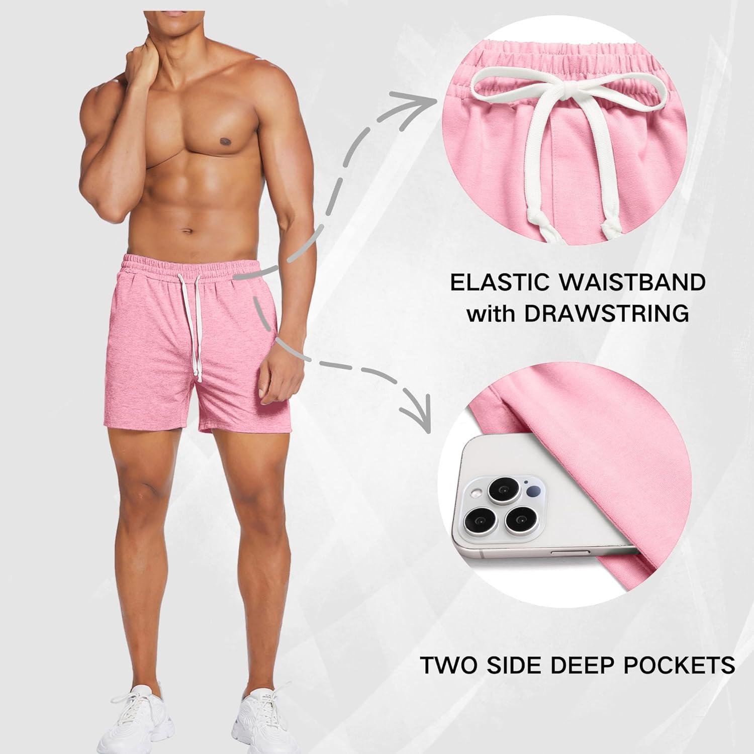 imageDeyeek 55 Inch Mens Pajama Shorts Sleep Cotton Lounge PJ Lightweight Elastic Waist Drawstring Nightwear Bottom with PocketsPink