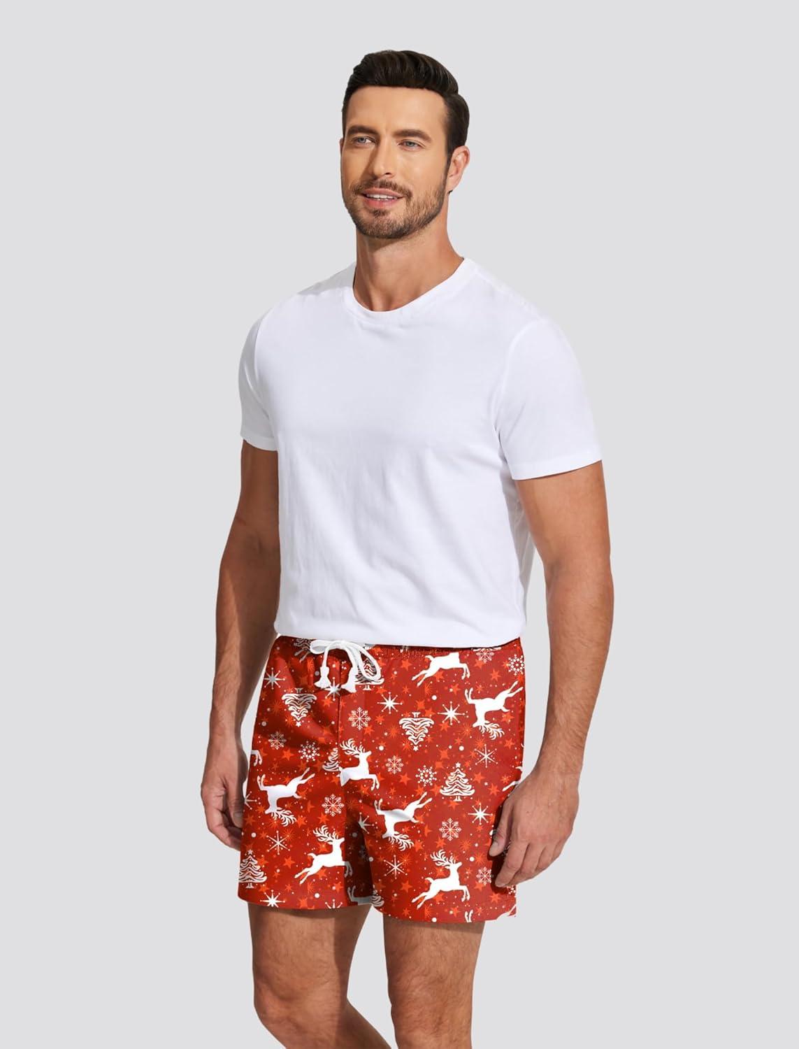 imageDeyeek 55 Inch Mens Pajama Shorts Sleep Cotton Lounge PJ Lightweight Elastic Waist Drawstring Nightwear Bottom with PocketsRed