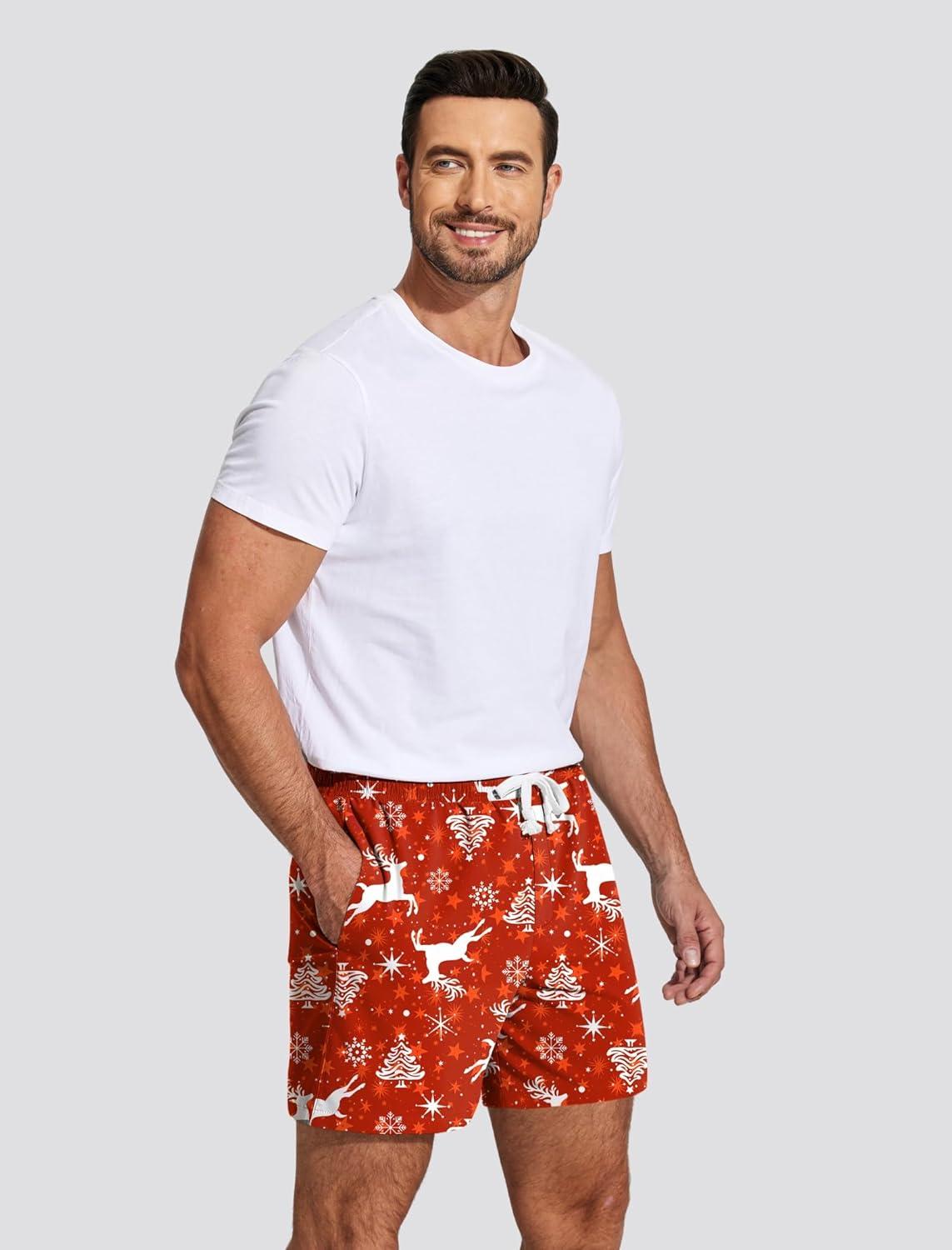 imageDeyeek 55 Inch Mens Pajama Shorts Sleep Cotton Lounge PJ Lightweight Elastic Waist Drawstring Nightwear Bottom with PocketsRed