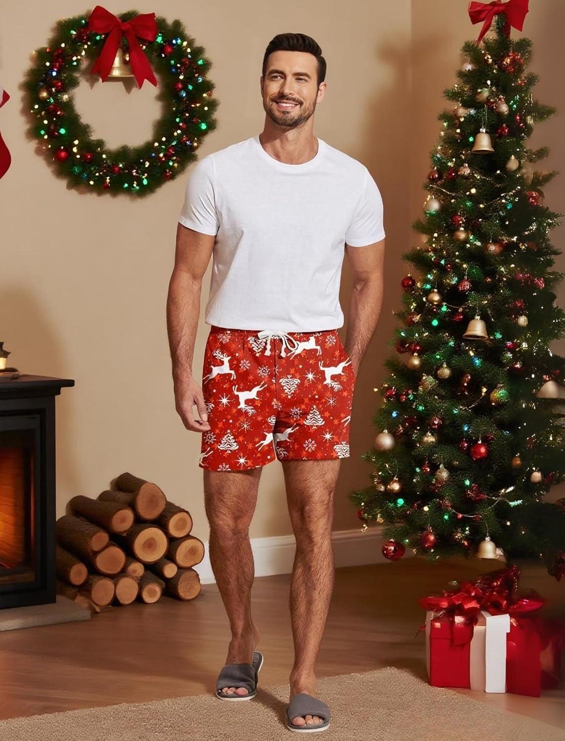 imageDeyeek 55 Inch Mens Pajama Shorts Sleep Cotton Lounge PJ Lightweight Elastic Waist Drawstring Nightwear Bottom with PocketsRed