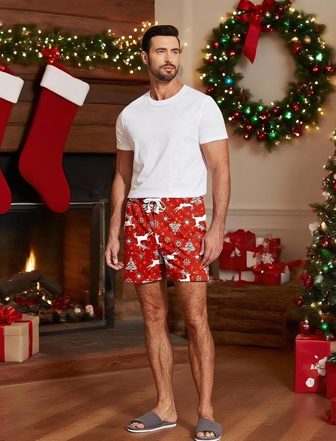 imageDeyeek 55 Inch Mens Pajama Shorts Sleep Cotton Lounge PJ Lightweight Elastic Waist Drawstring Nightwear Bottom with PocketsRed