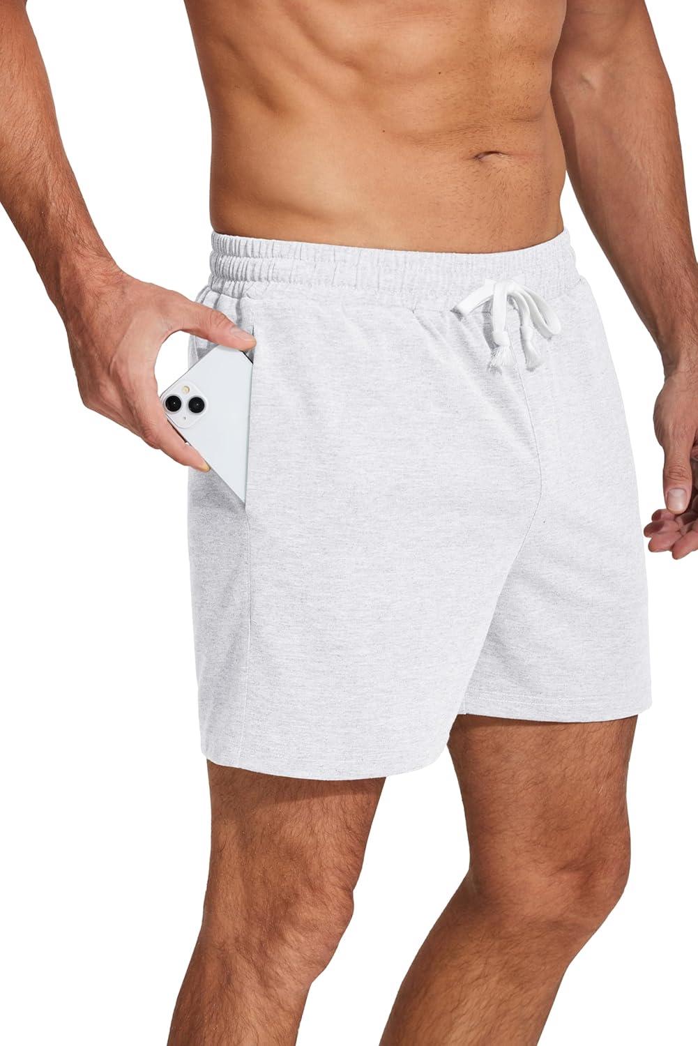 imageDeyeek 55 Inch Mens Pajama Shorts Sleep Cotton Lounge PJ Lightweight Elastic Waist Drawstring Nightwear Bottom with PocketsWhite
