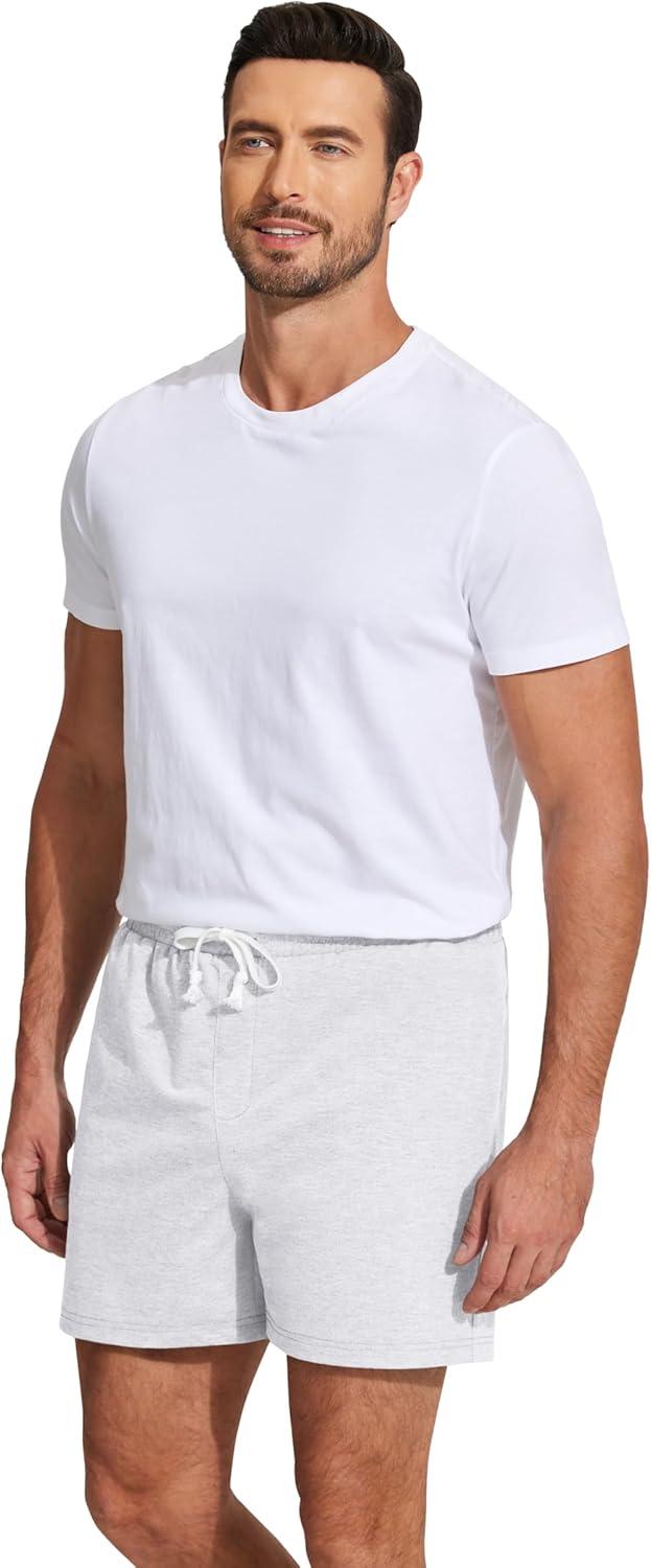 imageDeyeek 55 Inch Mens Pajama Shorts Sleep Cotton Lounge PJ Lightweight Elastic Waist Drawstring Nightwear Bottom with PocketsWhite