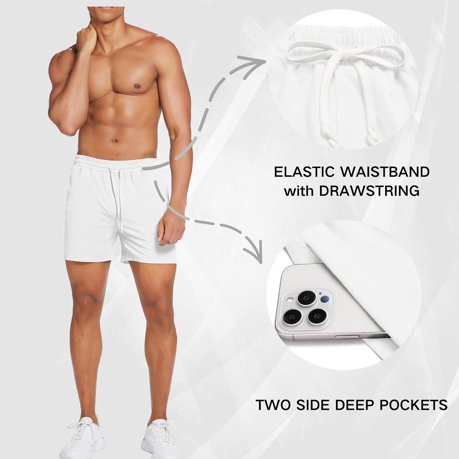 imageDeyeek 55 Inch Mens Pajama Shorts Sleep Cotton Lounge PJ Lightweight Elastic Waist Drawstring Nightwear Bottom with PocketsWhite