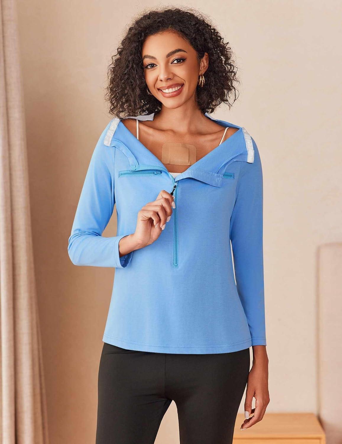 imageDeyeek Chemo Port Shirts for Women 2 Side Snaps Long Sleeve Shoulder Post Surgery Clothing Dialysis Breast Cancer ShirtsLight Blue
