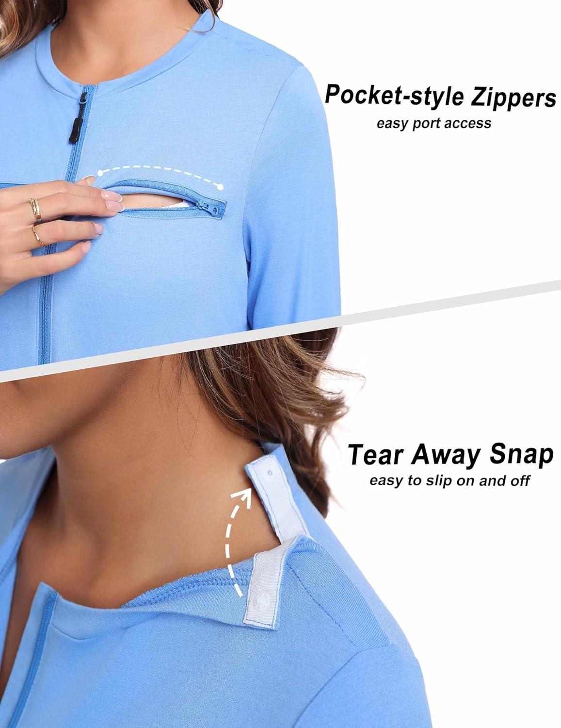 imageDeyeek Chemo Port Shirts for Women 2 Side Snaps Long Sleeve Shoulder Post Surgery Clothing Dialysis Breast Cancer ShirtsLight Blue