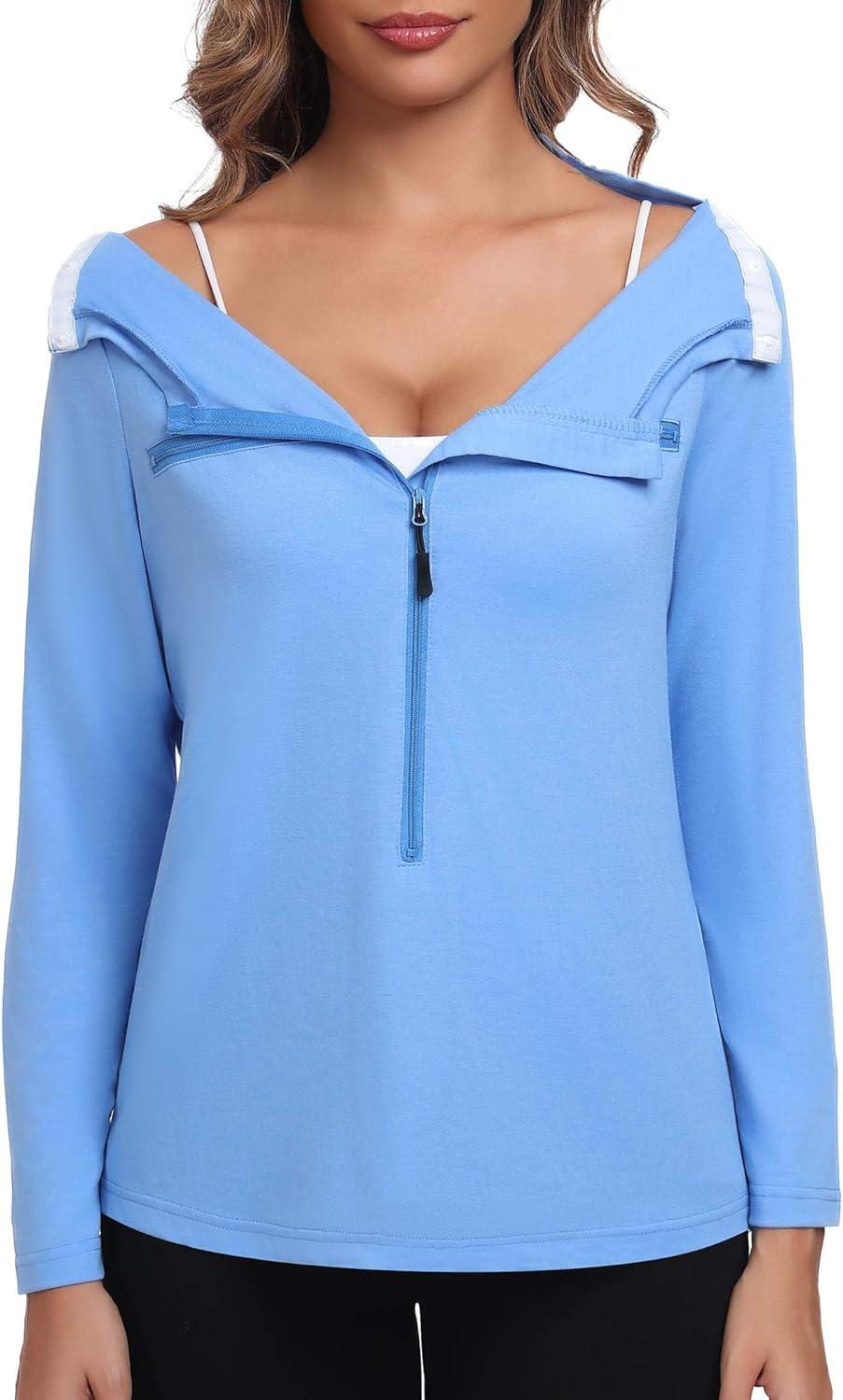 imageDeyeek Chemo Port Shirts for Women 2 Side Snaps Long Sleeve Shoulder Post Surgery Clothing Dialysis Breast Cancer ShirtsLight Blue