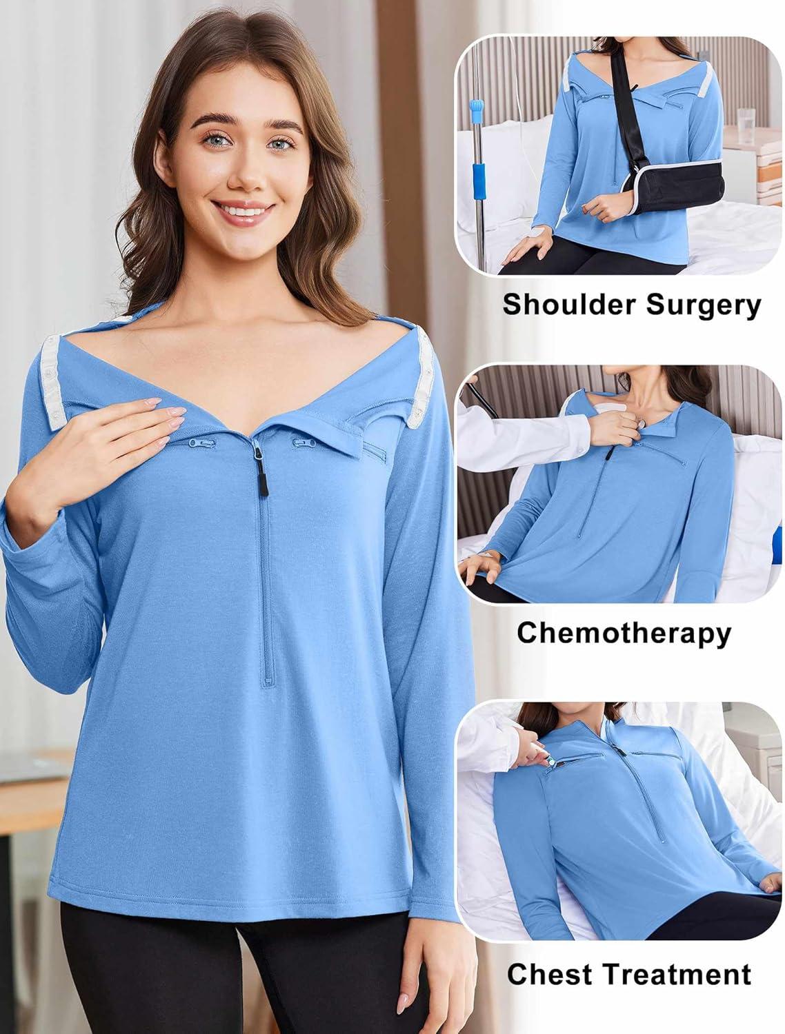 imageDeyeek Chemo Port Shirts for Women 2 Side Snaps Long Sleeve Shoulder Post Surgery Clothing Dialysis Breast Cancer ShirtsLight Blue