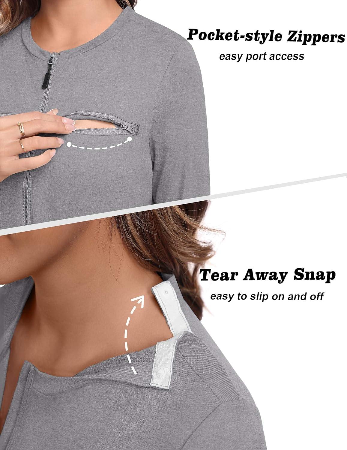 imageDeyeek Chemo Port Shirts for Women 2 Side Snaps Long Sleeve Shoulder Post Surgery Clothing Dialysis Breast Cancer ShirtsLight Grey