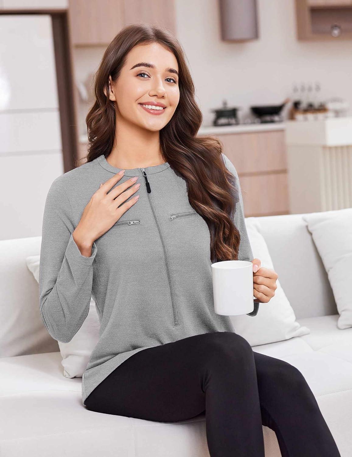imageDeyeek Chemo Port Shirts for Women 2 Side Snaps Long Sleeve Shoulder Post Surgery Clothing Dialysis Breast Cancer ShirtsLight Grey