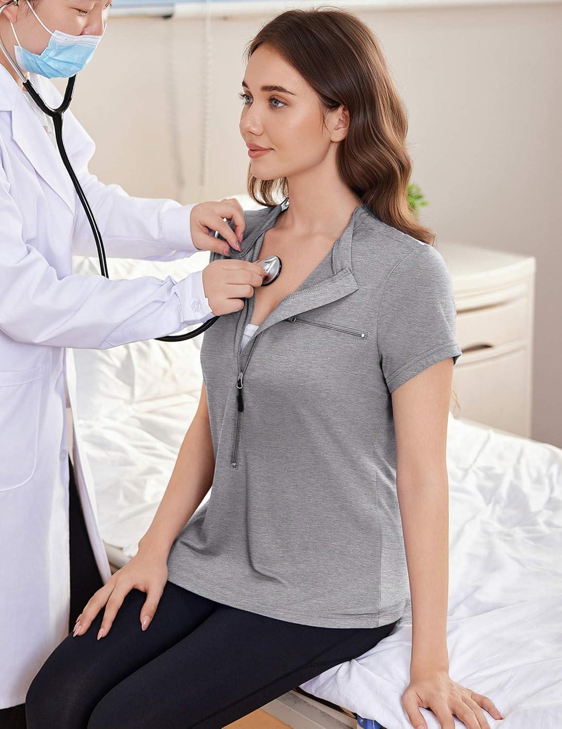 imageDeyeek Chemo Port Shirts for Women 2 Side Snaps Long Sleeve Shoulder Post Surgery Clothing Dialysis Breast Cancer ShirtsLight Grey