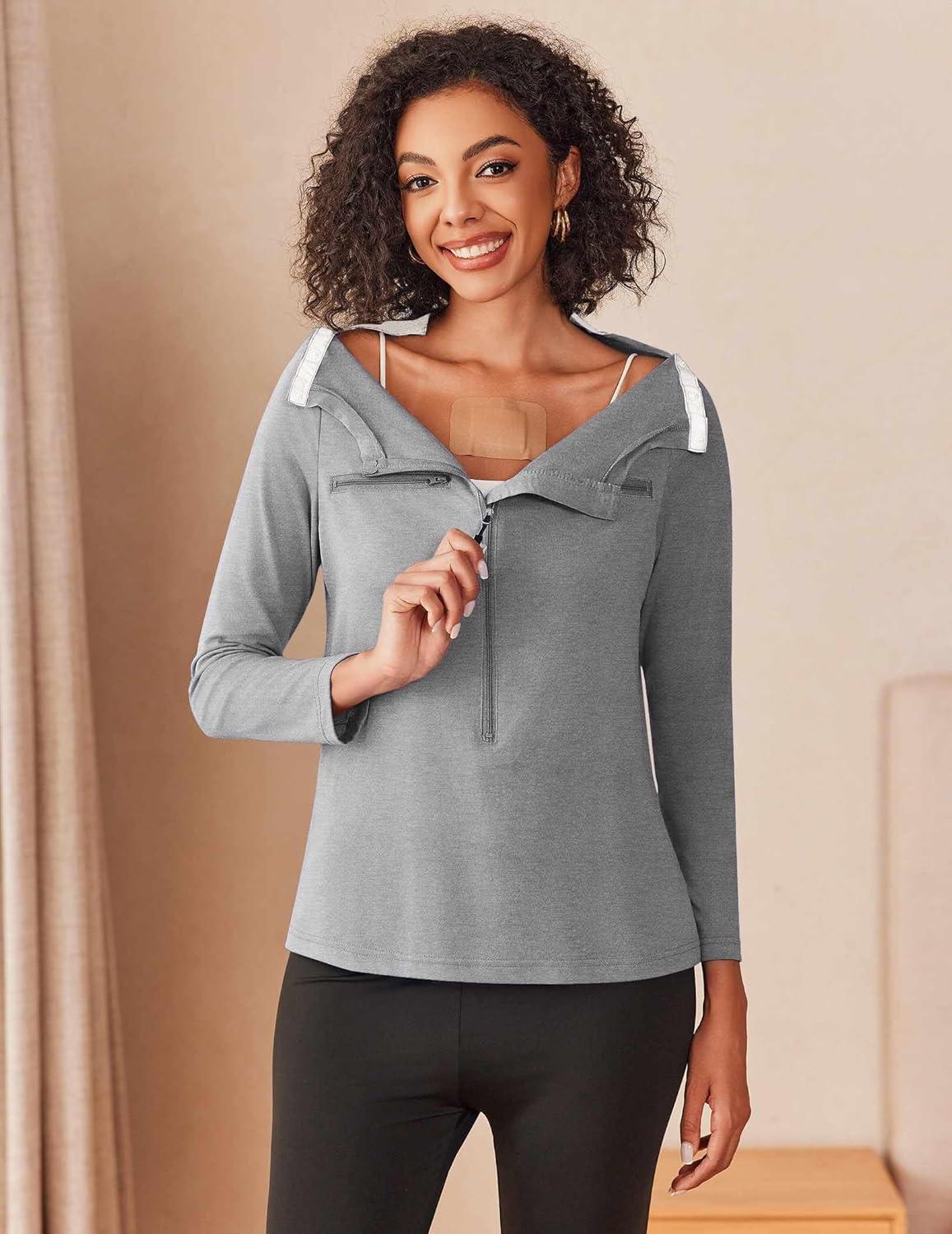 imageDeyeek Chemo Port Shirts for Women 2 Side Snaps Long Sleeve Shoulder Post Surgery Clothing Dialysis Breast Cancer ShirtsLight Grey