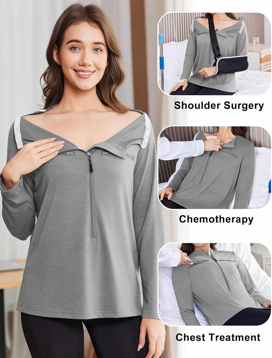 imageDeyeek Chemo Port Shirts for Women 2 Side Snaps Long Sleeve Shoulder Post Surgery Clothing Dialysis Breast Cancer ShirtsLight Grey