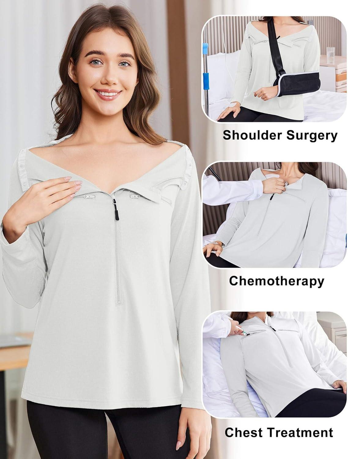 imageDeyeek Chemo Port Shirts for Women 2 Side Snaps Long Sleeve Shoulder Post Surgery Clothing Dialysis Breast Cancer ShirtsWhite