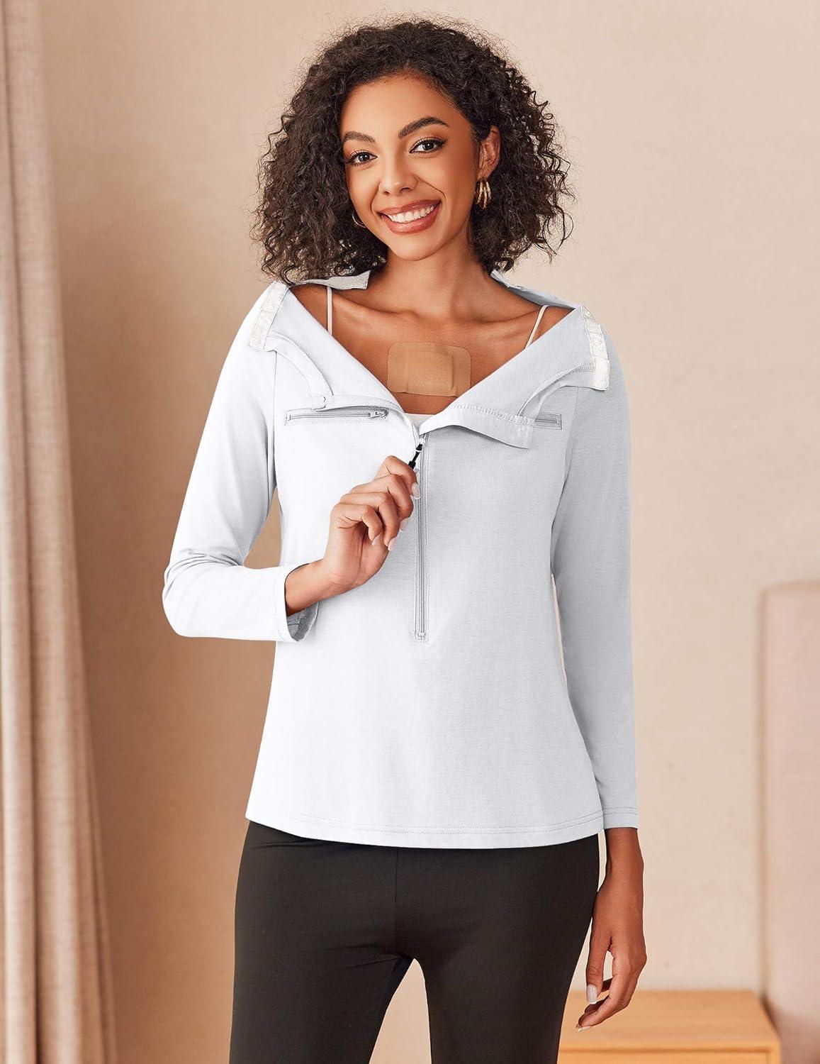 imageDeyeek Chemo Port Shirts for Women 2 Side Snaps Long Sleeve Shoulder Post Surgery Clothing Dialysis Breast Cancer ShirtsWhite