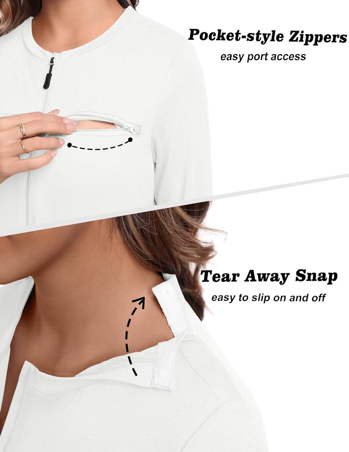 imageDeyeek Chemo Port Shirts for Women 2 Side Snaps Long Sleeve Shoulder Post Surgery Clothing Dialysis Breast Cancer ShirtsWhite