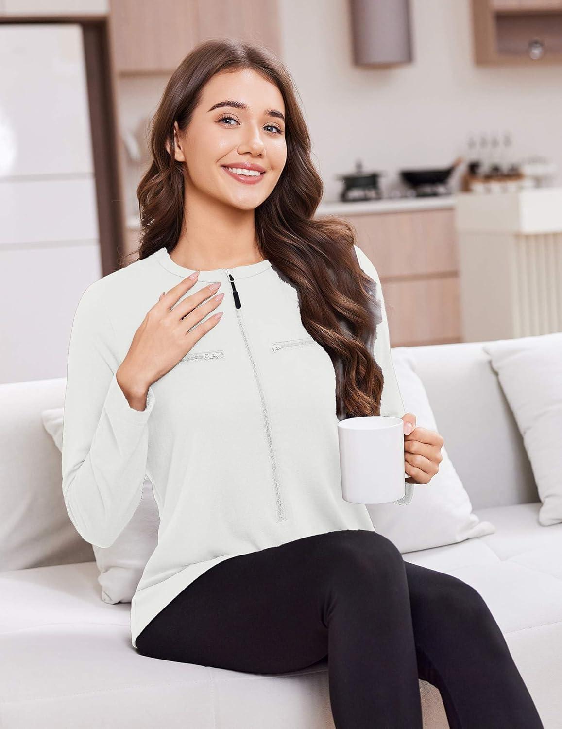 imageDeyeek Chemo Port Shirts for Women 2 Side Snaps Long Sleeve Shoulder Post Surgery Clothing Dialysis Breast Cancer ShirtsWhite