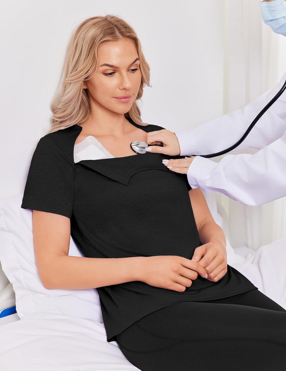 imageDeyeek Chemo Shirts for Port Access Women with 2 Hidden Side Zippers Post Surgery Short Sleeve Tear Away Adaptive Top TeesBlack