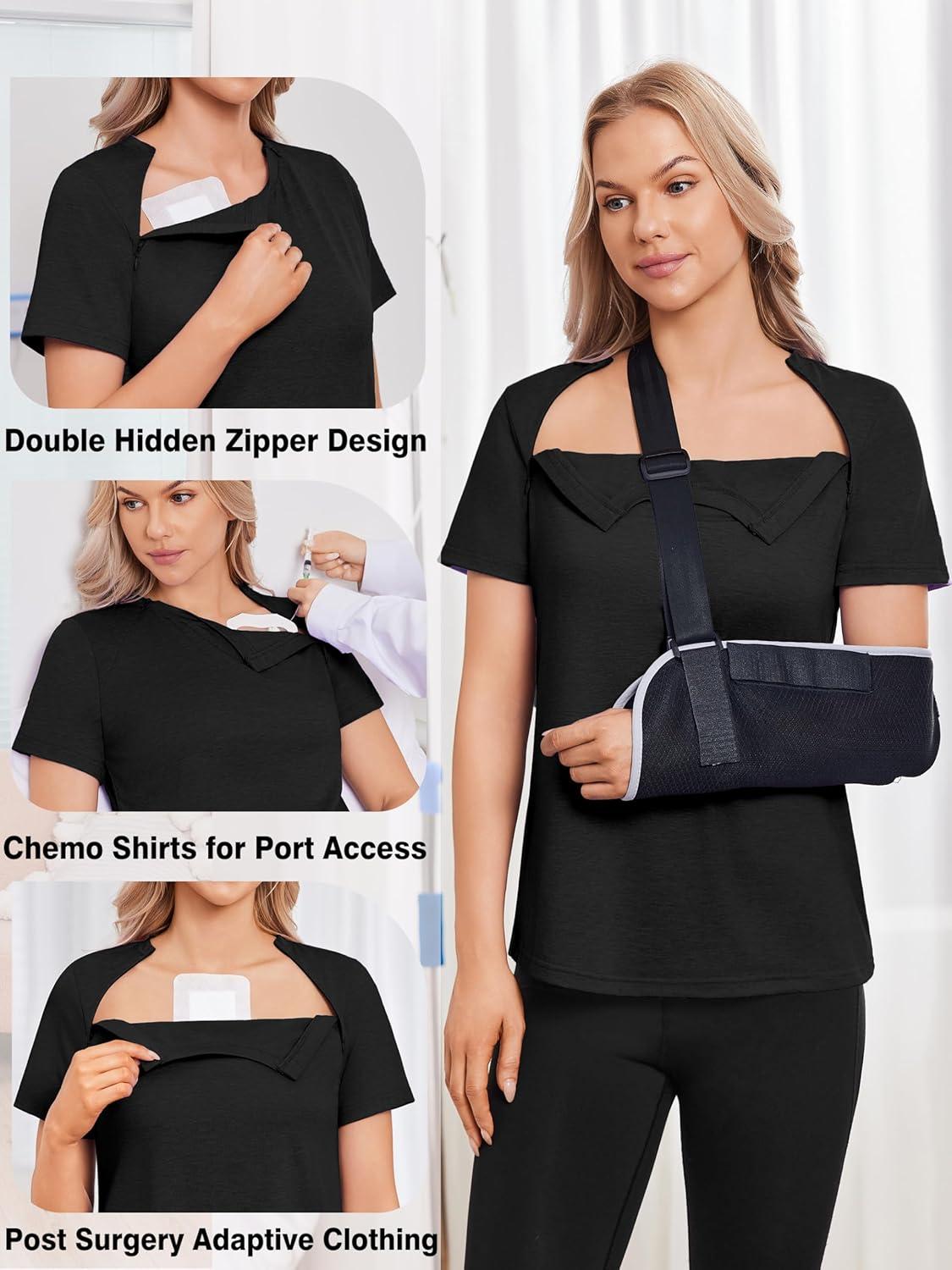 imageDeyeek Chemo Shirts for Port Access Women with 2 Hidden Side Zippers Post Surgery Short Sleeve Tear Away Adaptive Top TeesBlack