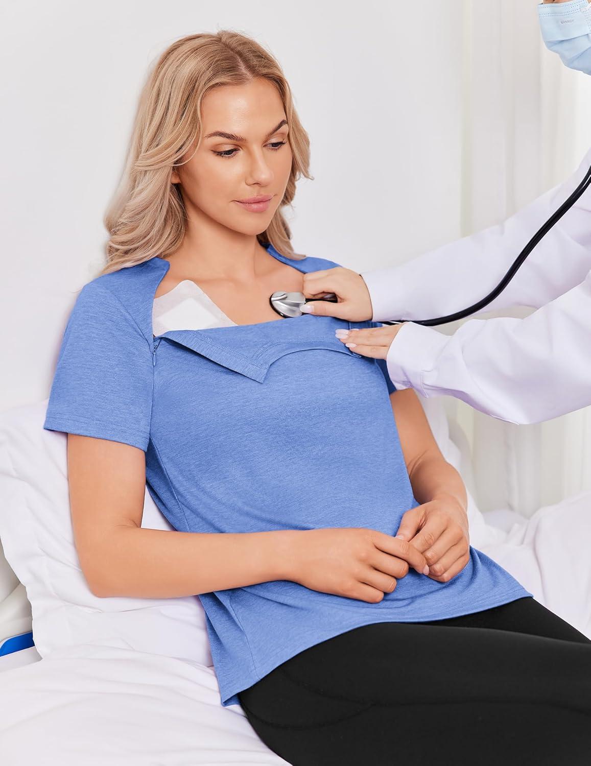 imageDeyeek Chemo Shirts for Port Access Women with 2 Hidden Side Zippers Post Surgery Short Sleeve Tear Away Adaptive Top TeesBlue