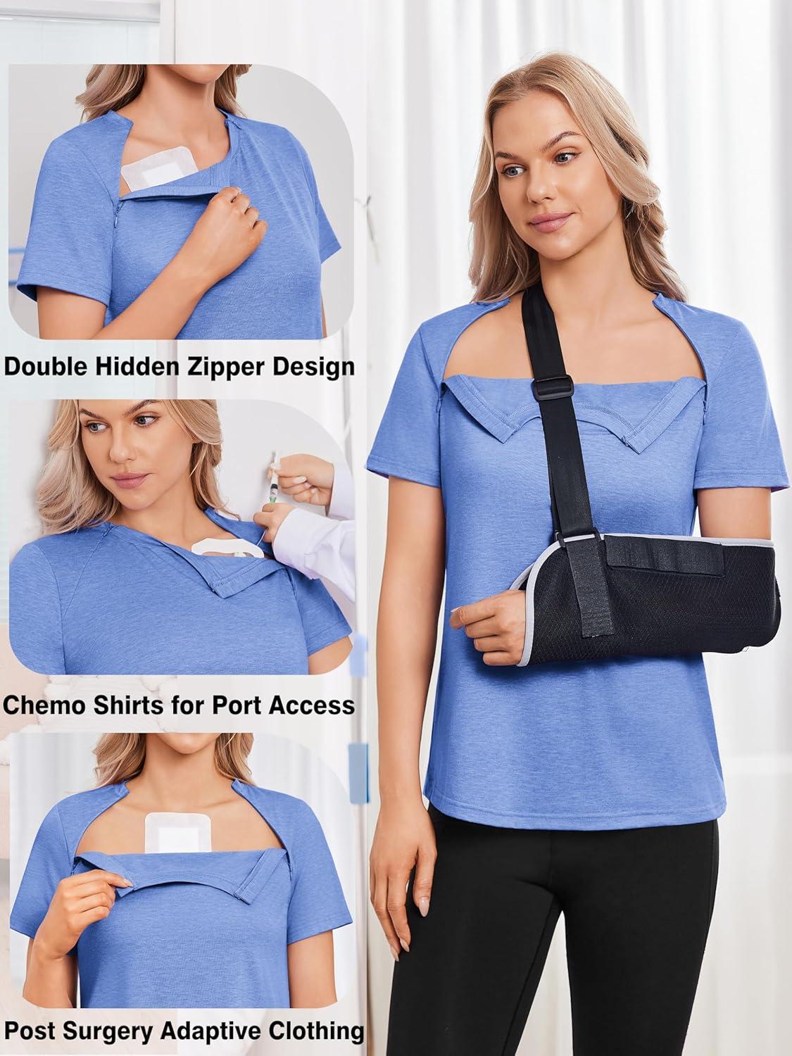 imageDeyeek Chemo Shirts for Port Access Women with 2 Hidden Side Zippers Post Surgery Short Sleeve Tear Away Adaptive Top TeesBlue