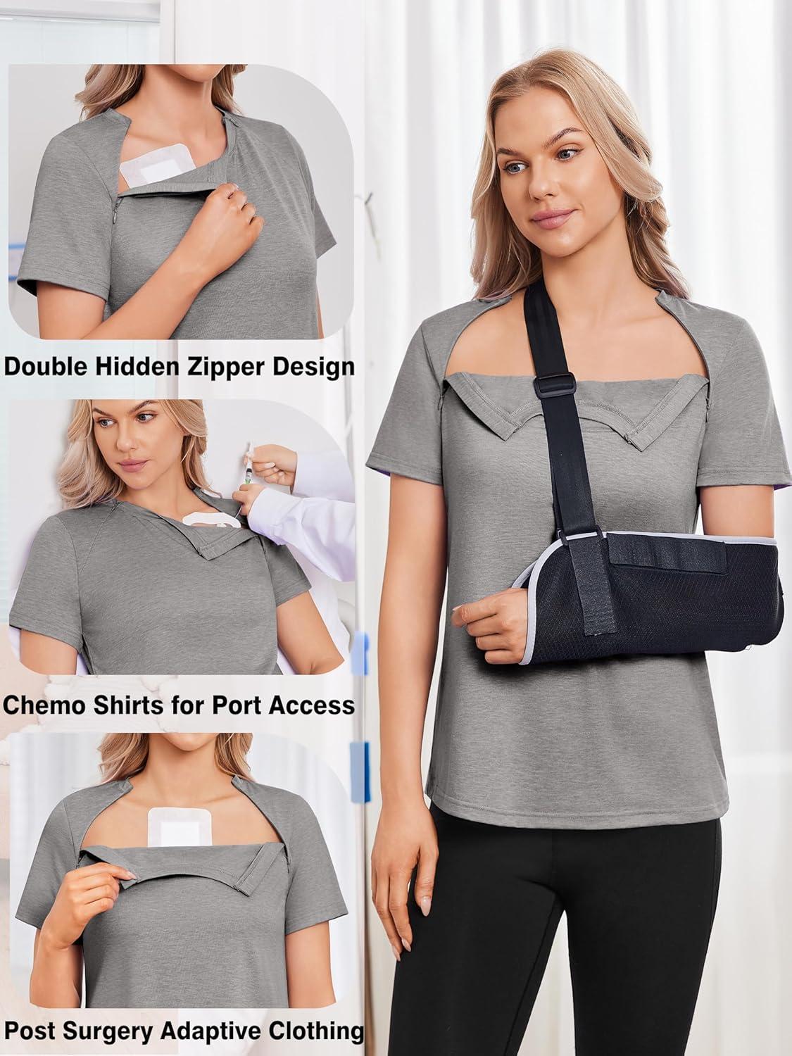 imageDeyeek Chemo Shirts for Port Access Women with 2 Hidden Side Zippers Post Surgery Short Sleeve Tear Away Adaptive Top TeesLight Grey