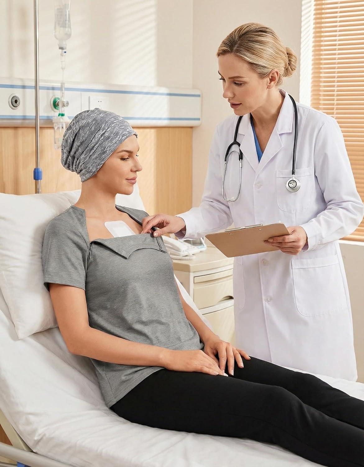 imageDeyeek Chemo Shirts for Port Access Women with 2 Hidden Side Zippers Post Surgery Short Sleeve Tear Away Adaptive Top TeesLight Grey